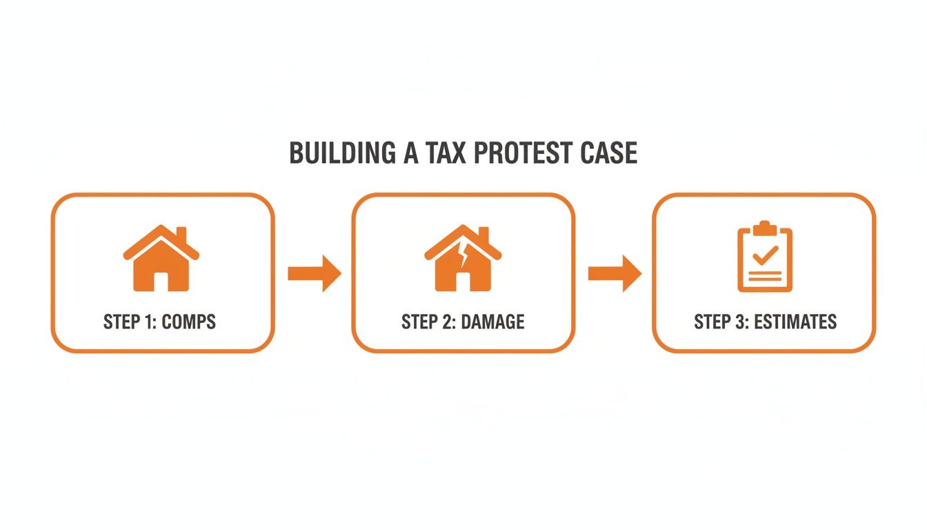 A diagram outlining three steps to building a tax protest case: Comps, Damage, Estimates.