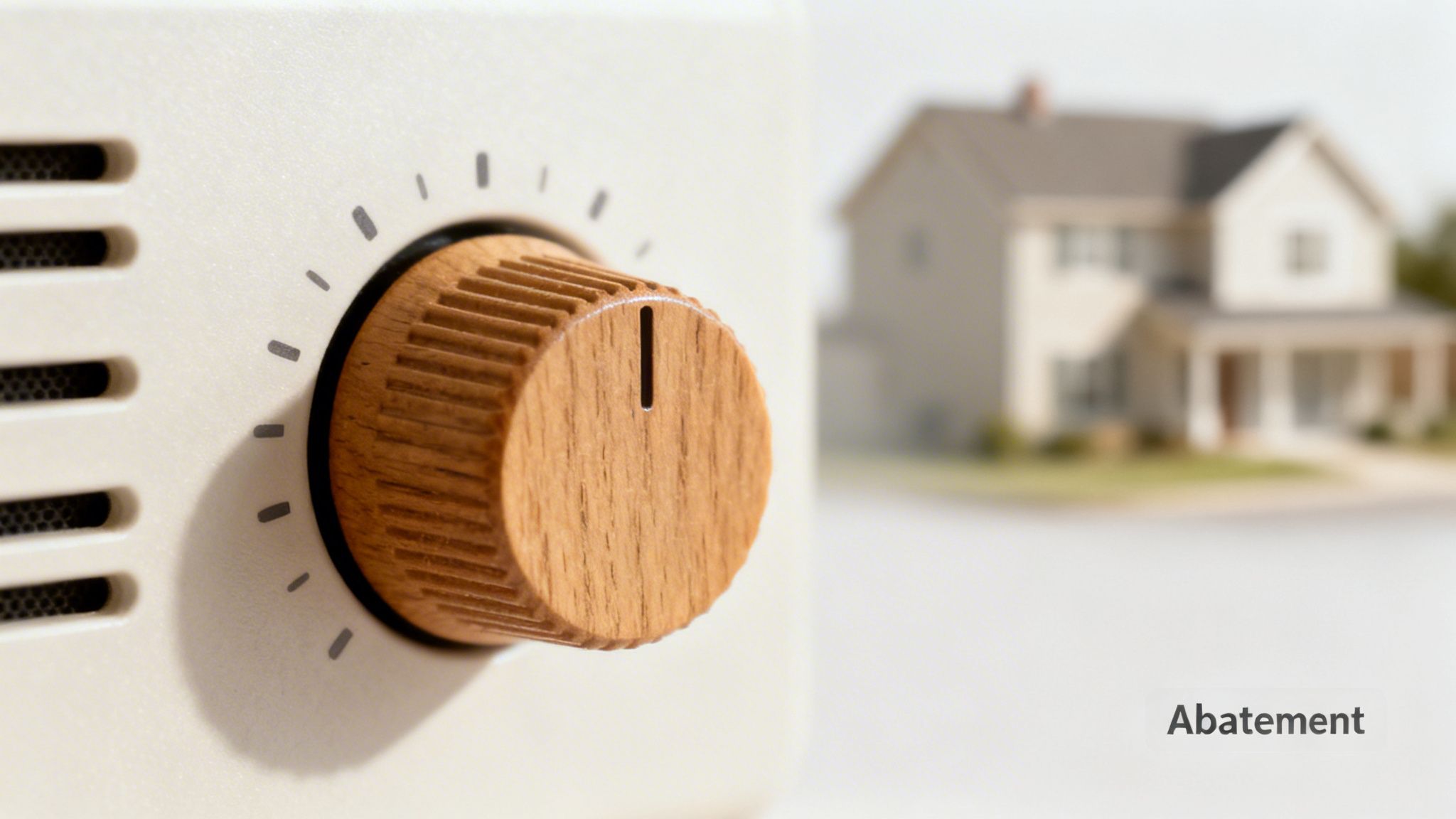 A wooden control knob and dial on a white device, with a blurred house and 'Abatement' text.