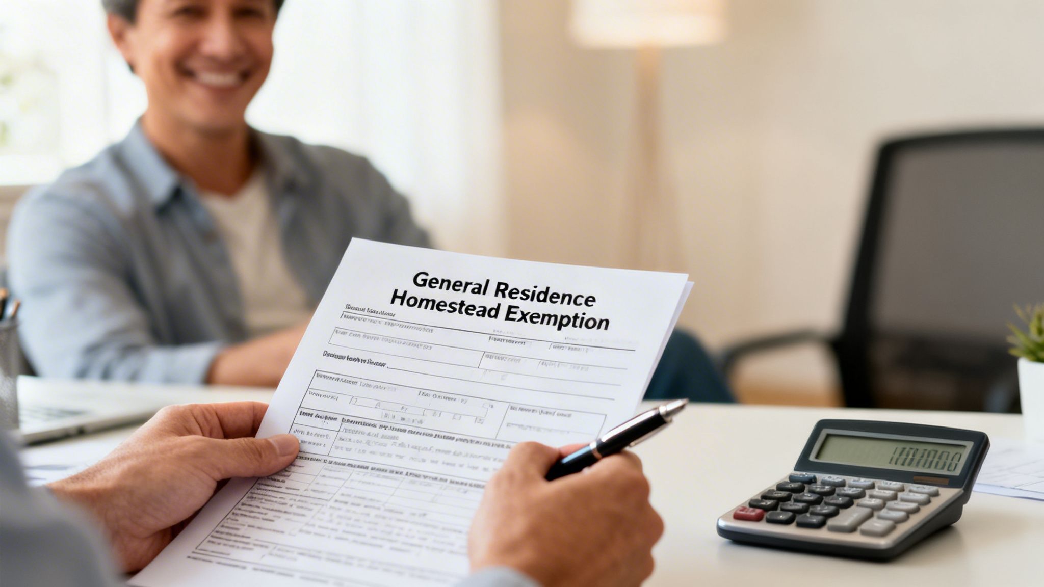 A person holds a "General Residence Homestead Exemption" form, with a calculator nearby and a smiling person in the background.