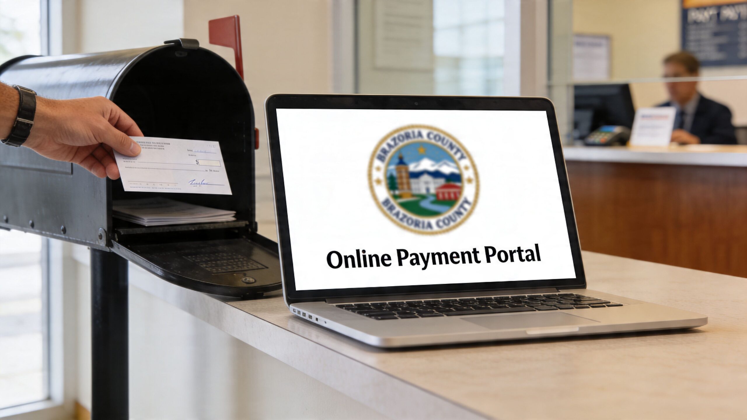 A hand placing a check into a mailbox next to a laptop displaying the Brazoria County website.