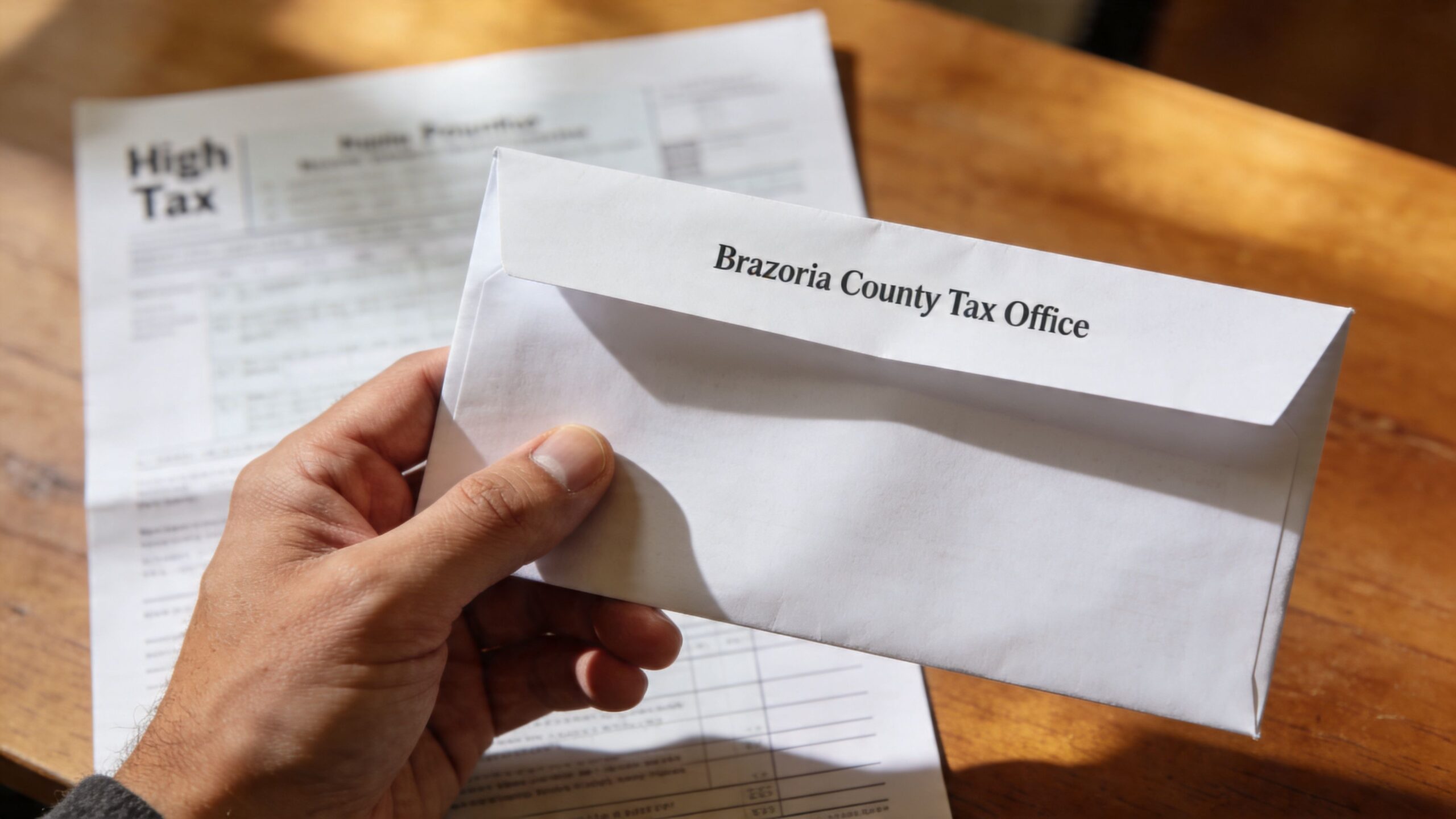 A hand holding a white envelope from the Brazoria County Tax Office over tax documentation.
