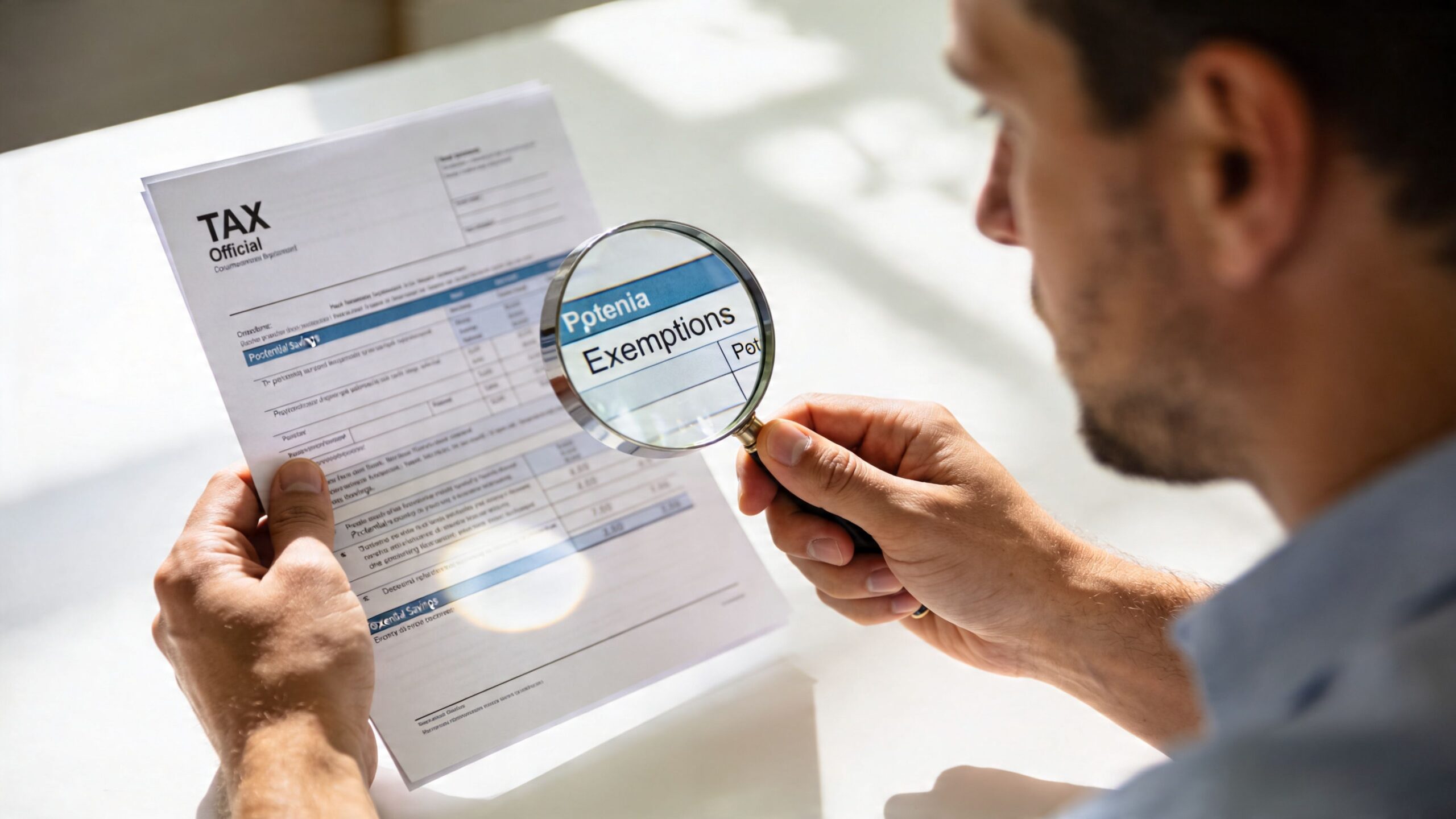 A man examines a tax document with a magnifying glass to check for potential tax exemptions.