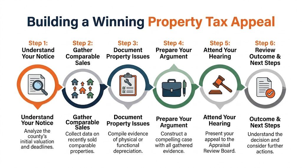 A six-step infographic illustrating the process for successfully appealing a property tax assessment for homeowners.