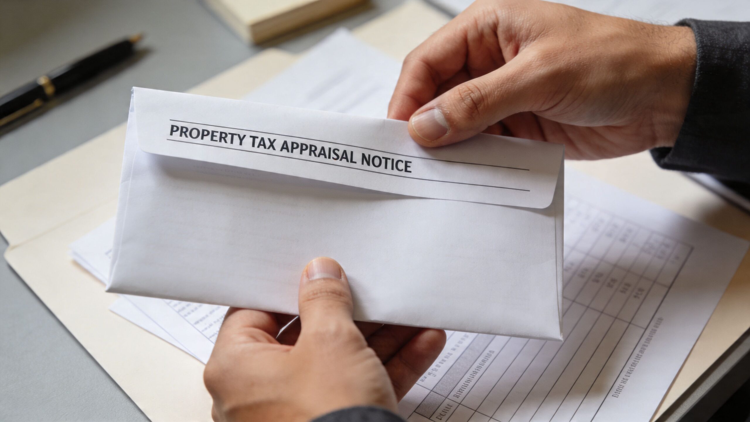 A professional holding a white envelope labeled Property Tax Appraisal Notice over paperwork on a desk.