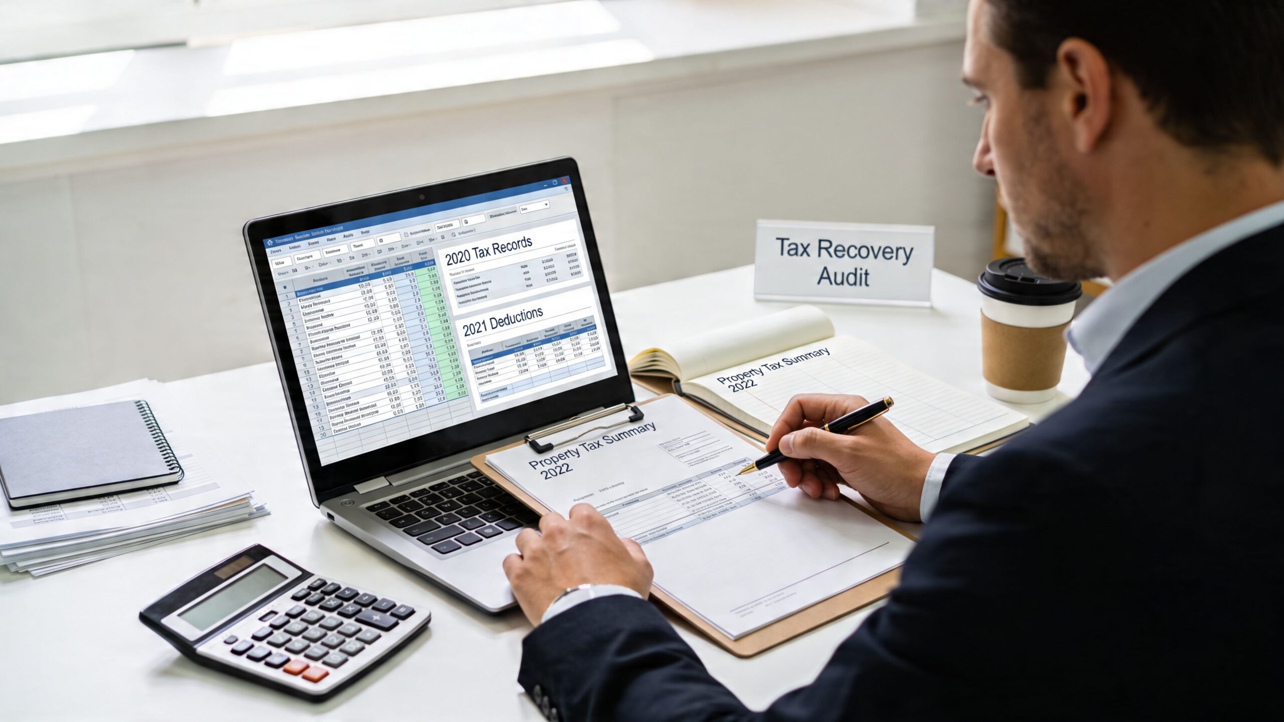A professional accountant reviewing property tax summary documents and auditing financial records on a laptop computer.
