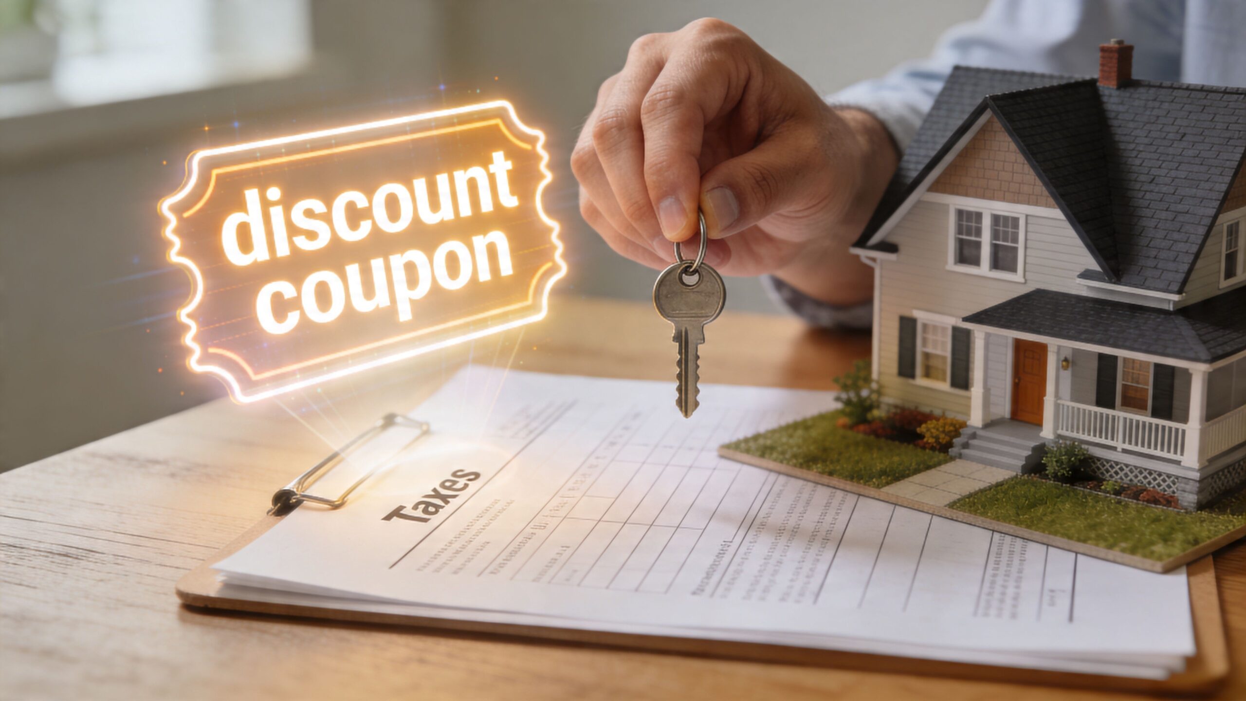 A hand holding a house key next to a miniature house model on tax documents with a discount coupon hologram.