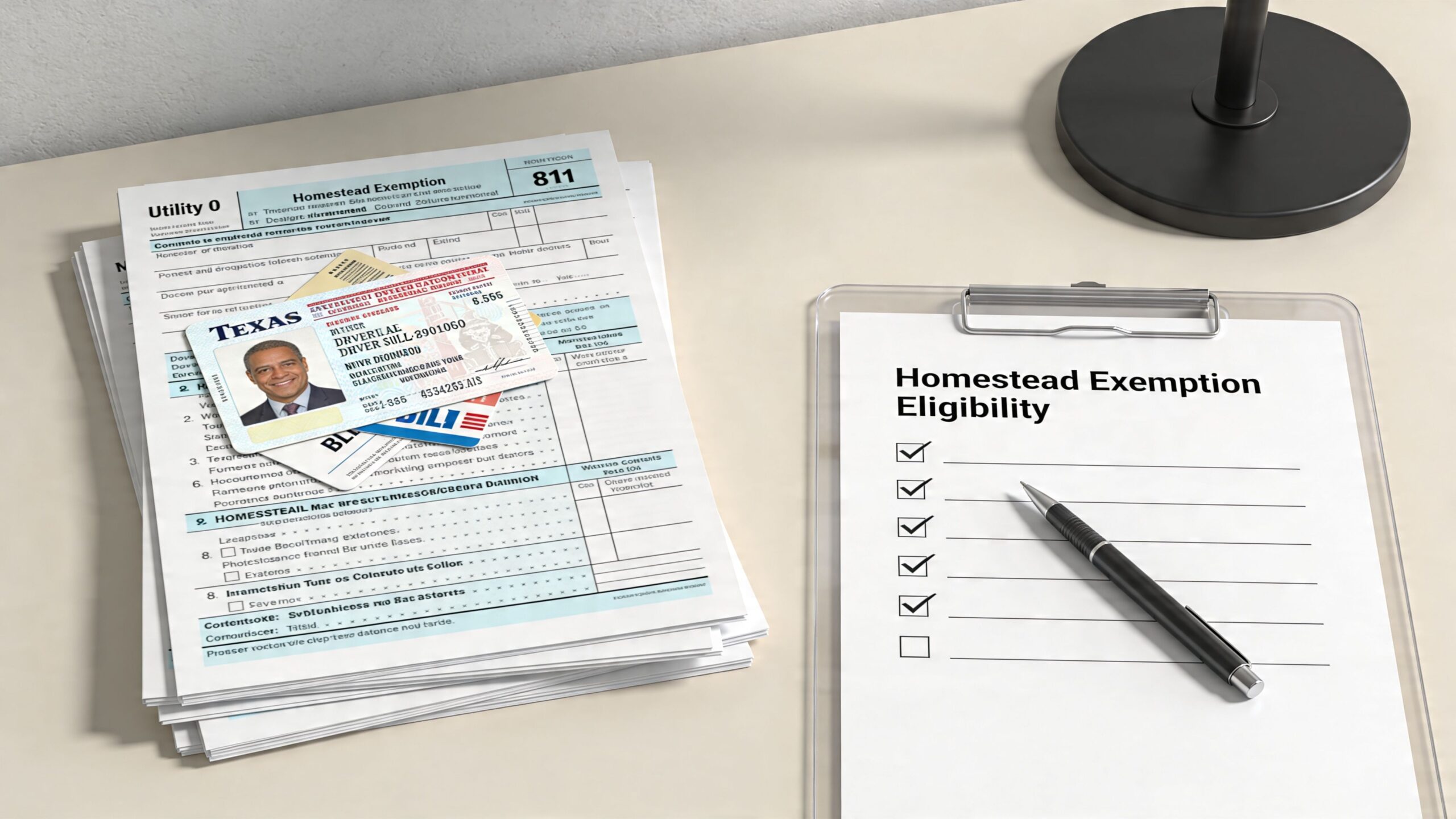 A document titled Homestead Exemption Eligibility on a clipboard with a pen, next to tax forms and a driver's license.