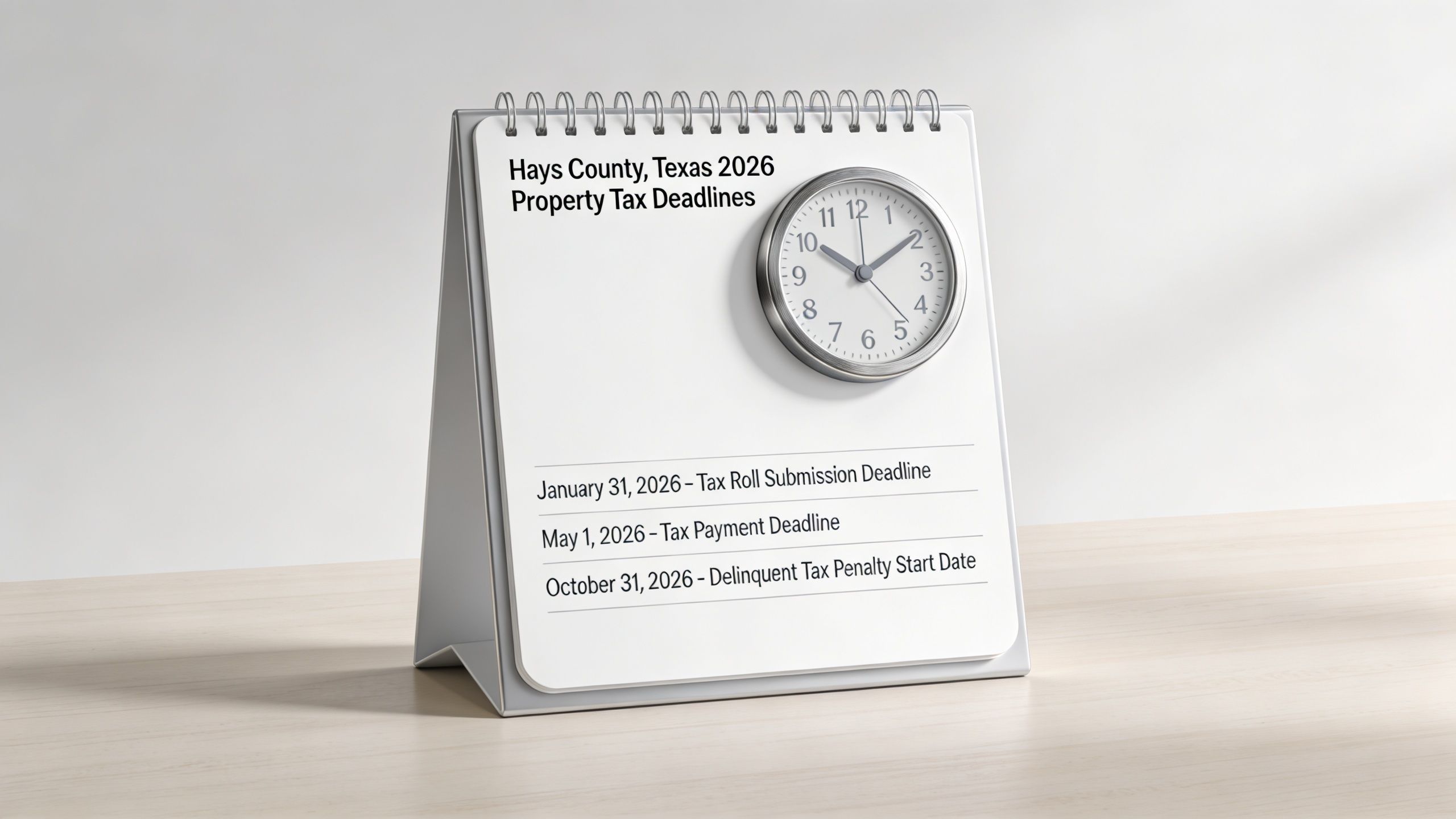 A desktop calendar displaying important 2026 property tax deadlines for Hays County, Texas with a wall clock.