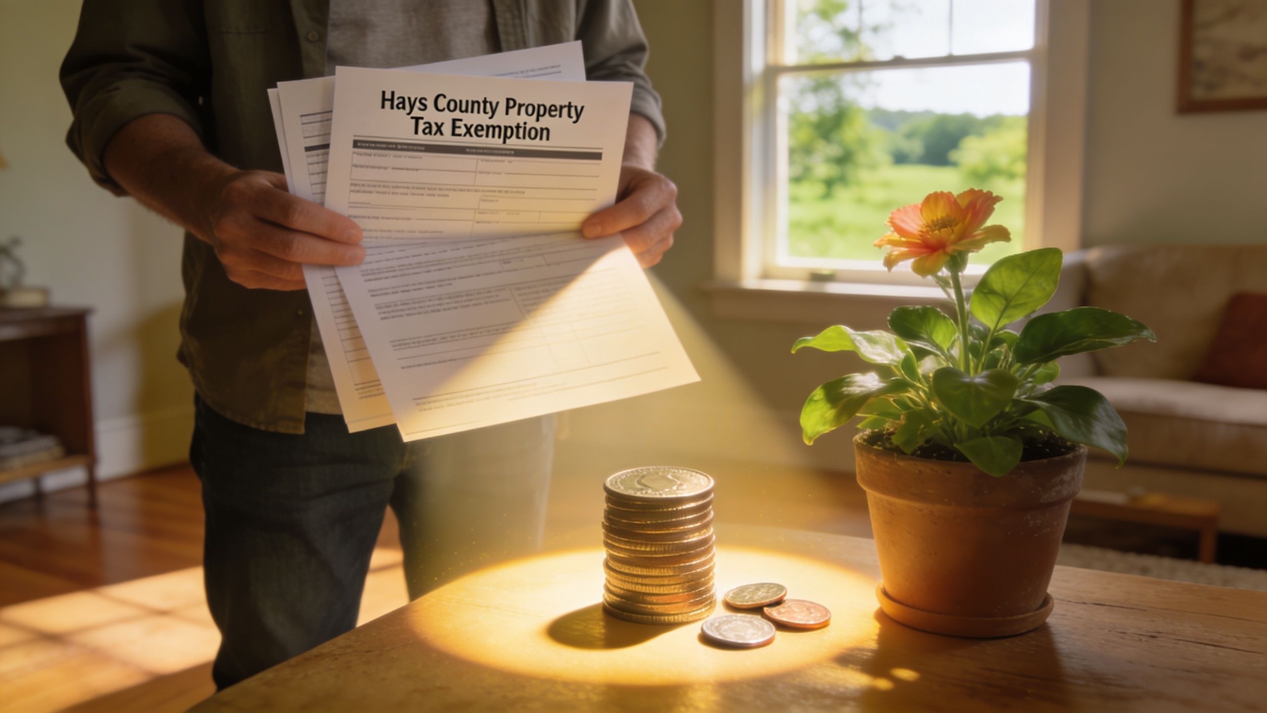 A person holds Hays County property tax exemption papers near a small stack of coins and plant.