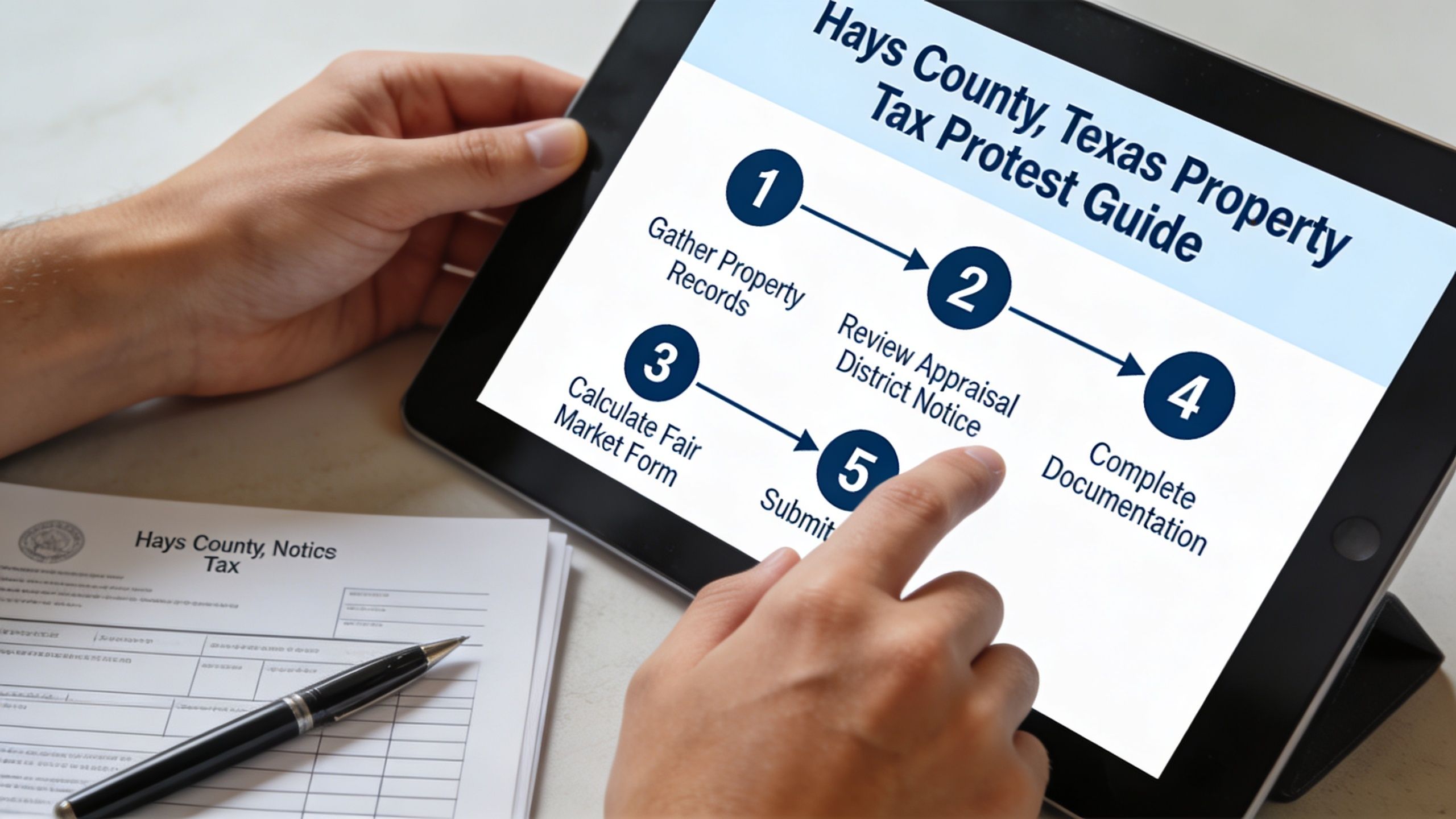 A person reviews a Hays County, Texas property tax protest guide on a tablet computer with paperwork nearby.