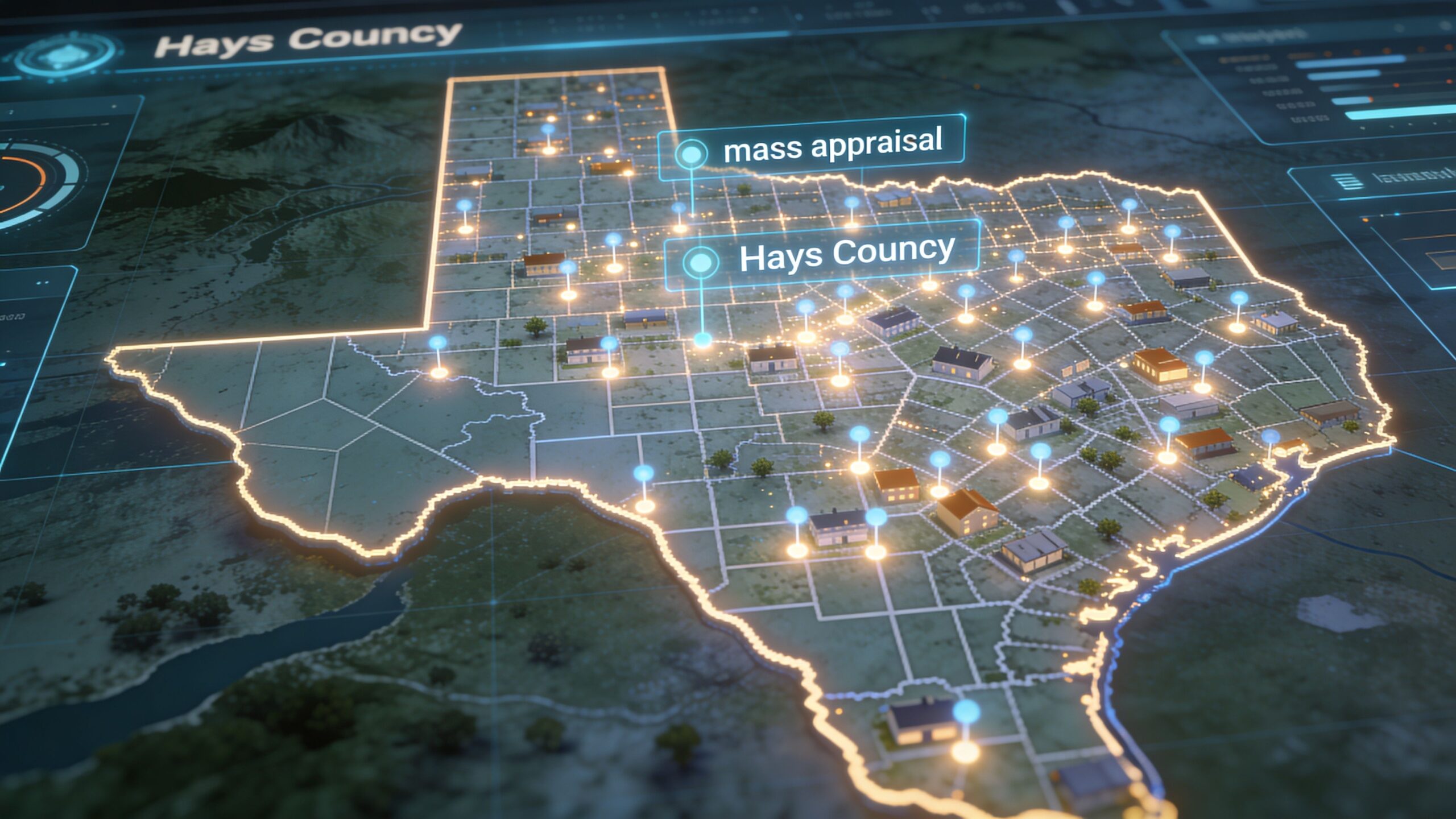 A digital map interface of Hays County, Texas displaying property data and mass appraisal information markers.