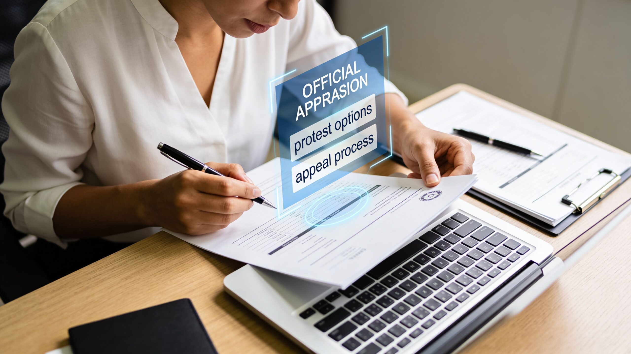 A professional analyzing official property appraisal documents to review protest options and the appeal process.