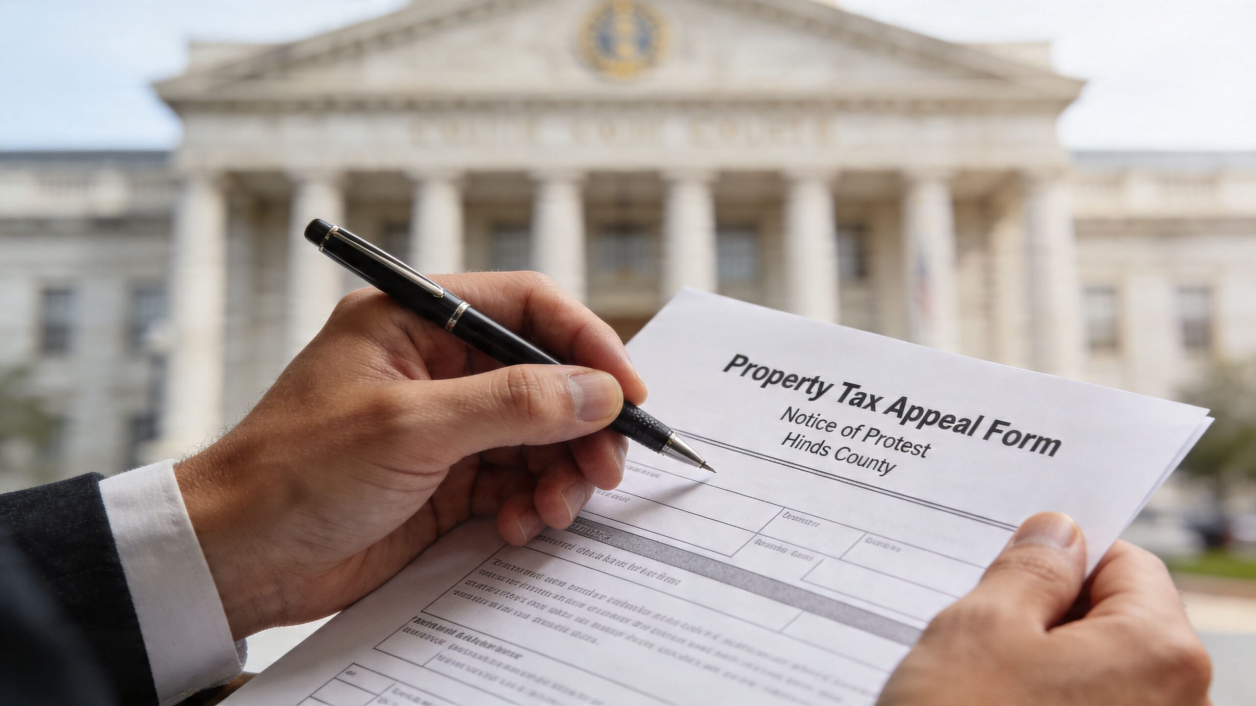 A person in a suit holding a Property Tax Appeal Form in front of a government building.