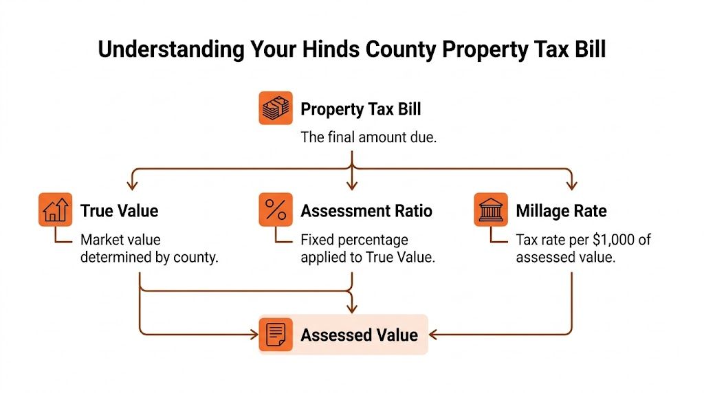 An infographic titled Understanding Your Hinds County Property Tax Bill detailing how taxes are calculated using three factors.