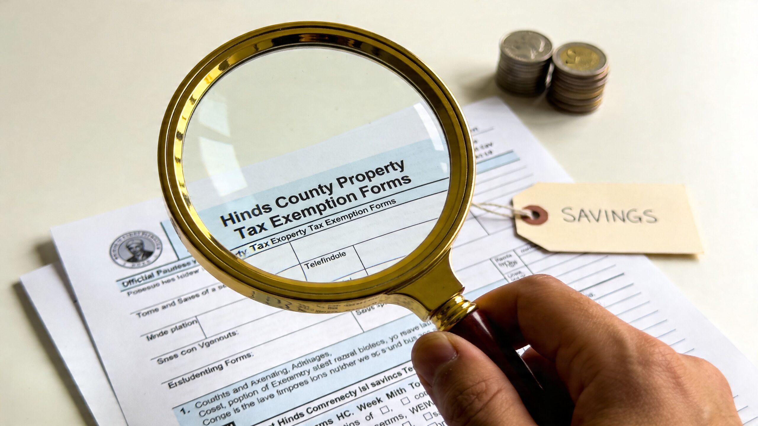 A hand holds a magnifying glass over Hinds County property tax exemption forms with a savings tag.
