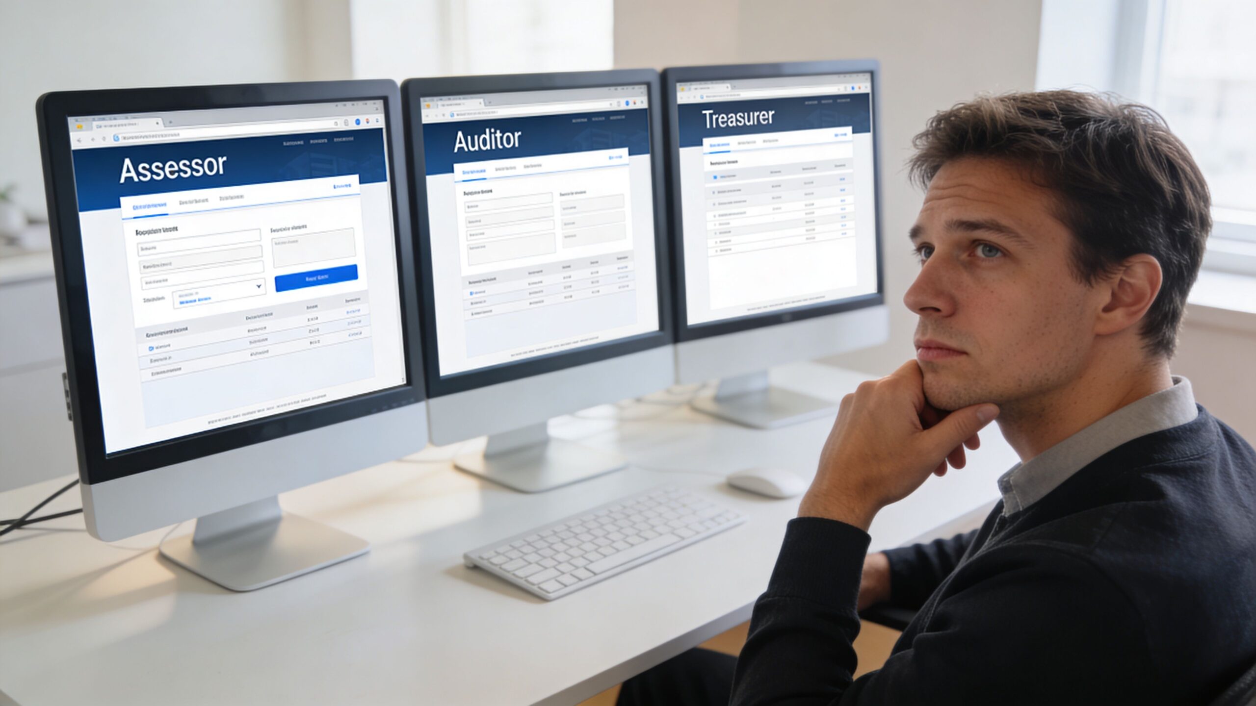 A professional man looking thoughtfully at three computer monitors displaying tax and auditing software interfaces.