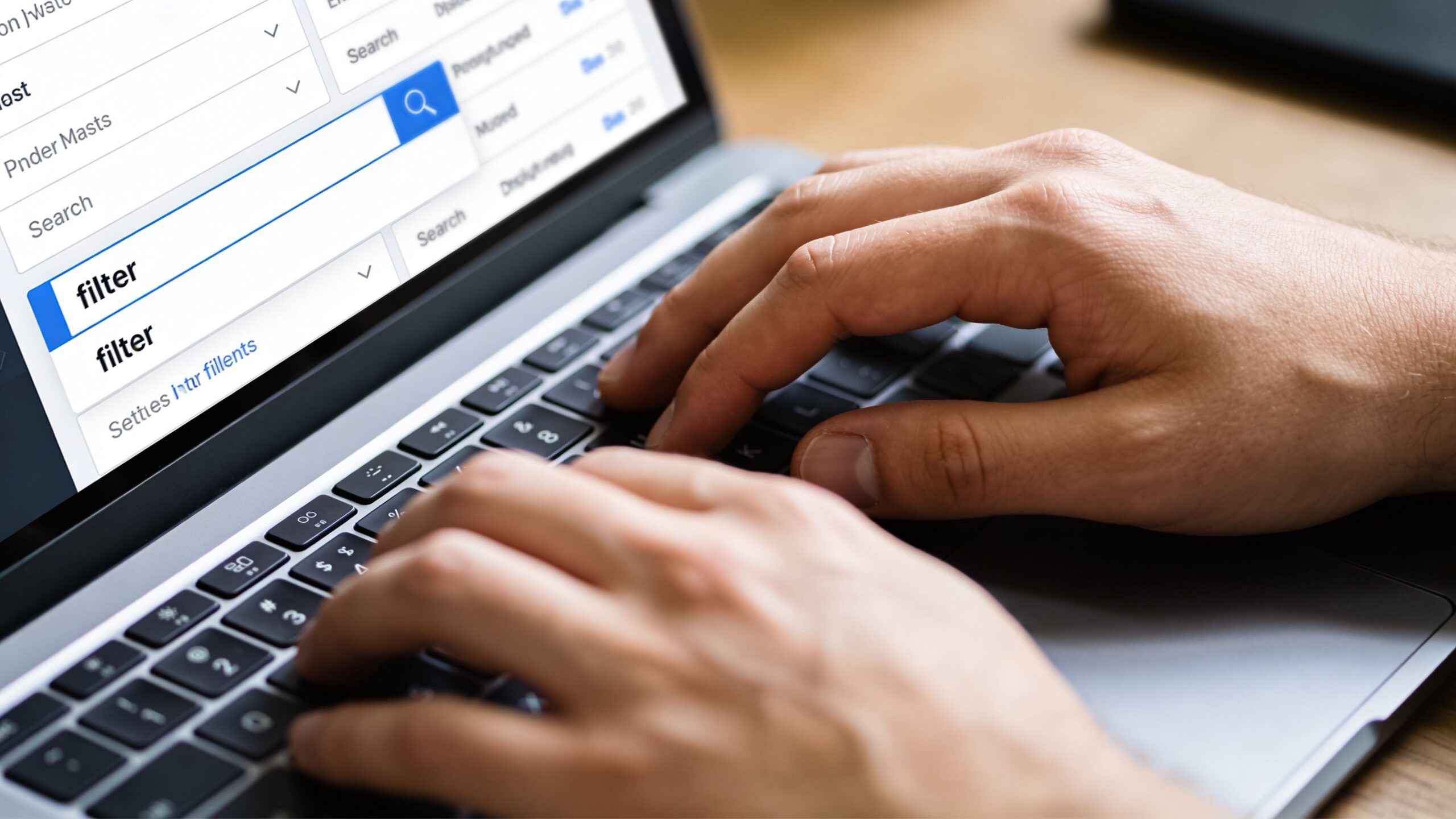 A close-up view of hands typing on a laptop keyboard with a search interface visible onscreen.