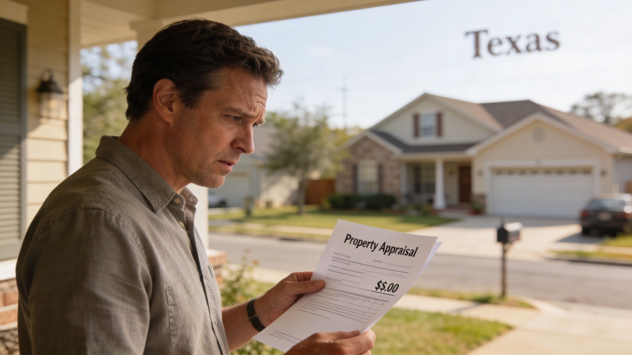 A concerned man stands on a front porch holding a property appraisal document with a zero dollar value.