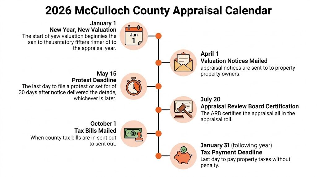 A timeline graphic outlining the 2026 McCulloch County Appraisal Calendar, listing key tax and valuation dates.
