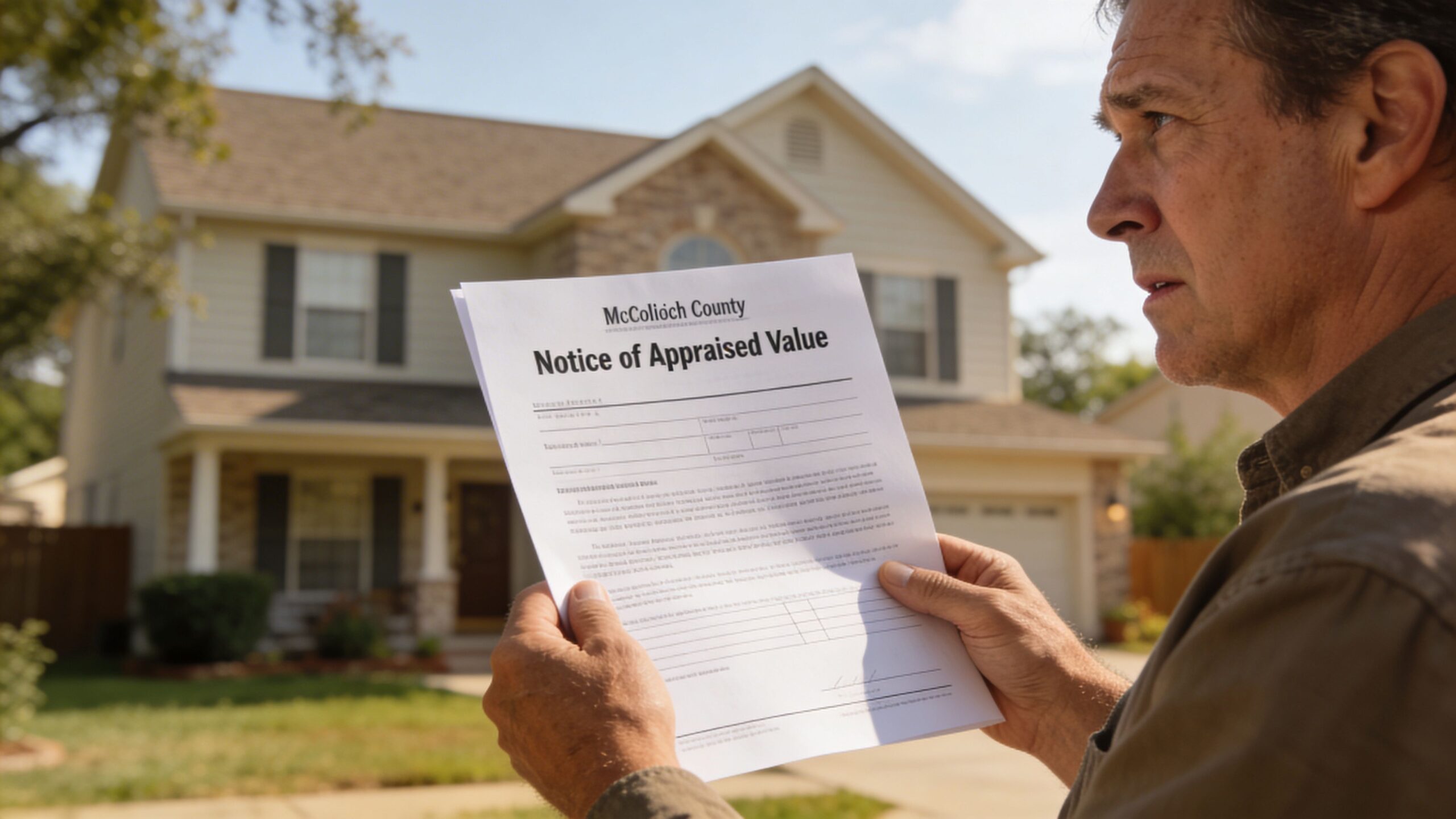 A concerned homeowner looking at a property tax notice for McCulloch County in front of his house.