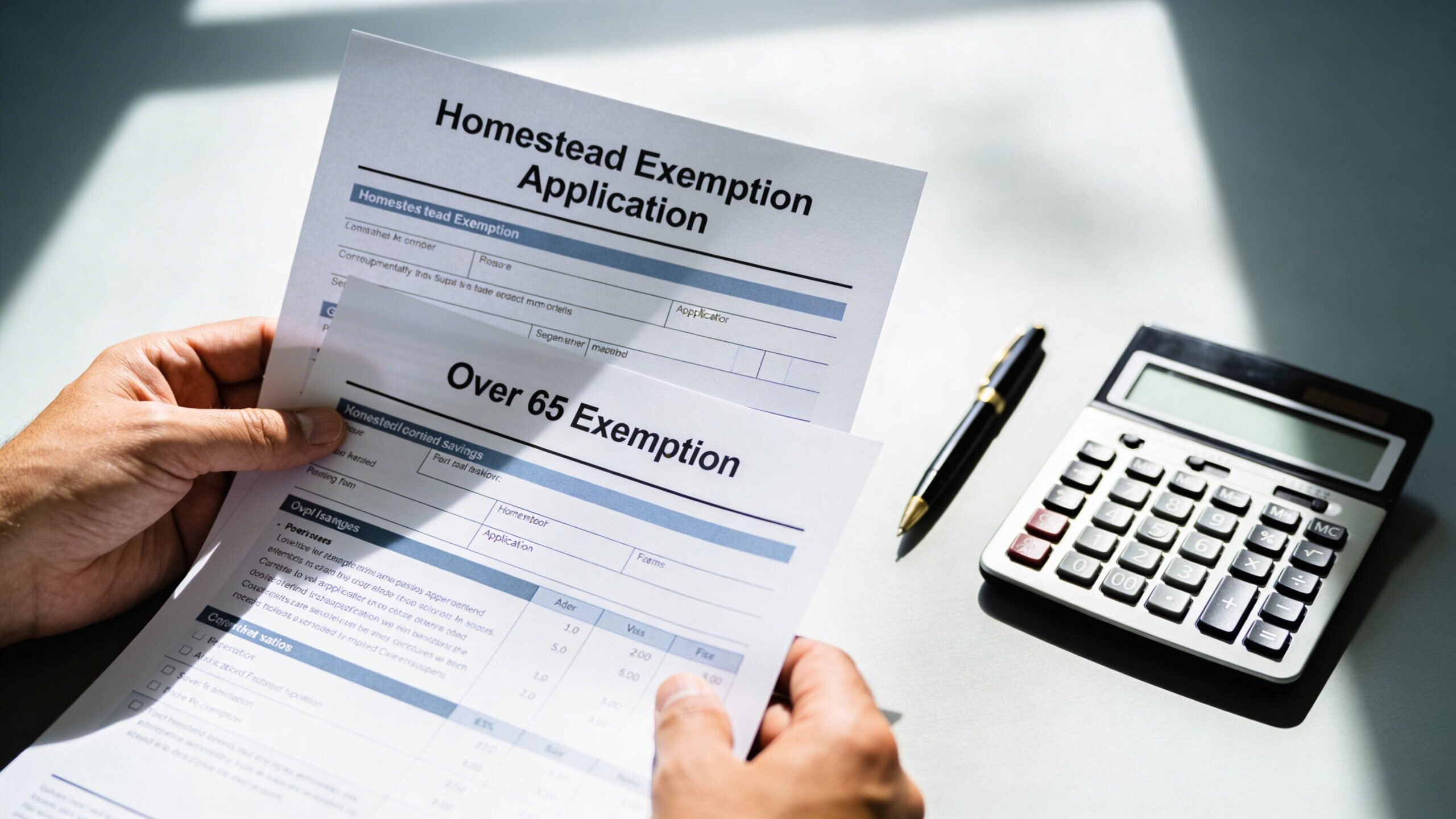 A person holding a homestead and over 65 exemption application forms with a calculator and pen.