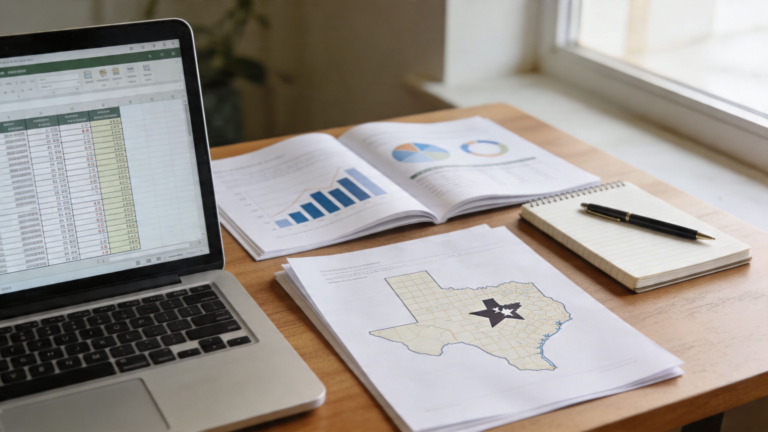 A professional workspace featuring a laptop with a spreadsheet, charts, a notepad, and a Texas map.