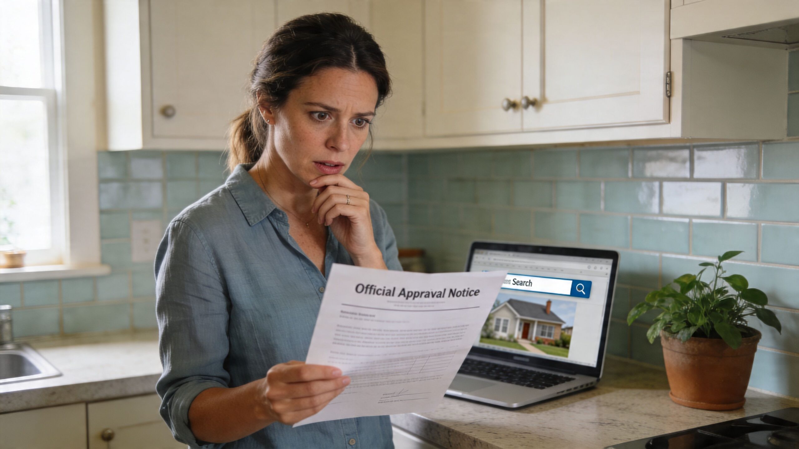 A concerned woman holding an official approval notice paper while looking at a house listing on a laptop.