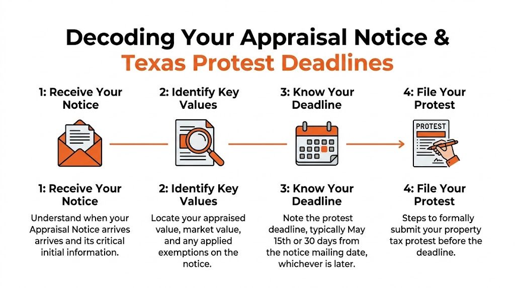 An infographic showing the four steps of the Texas property tax protest and appraisal notice process.