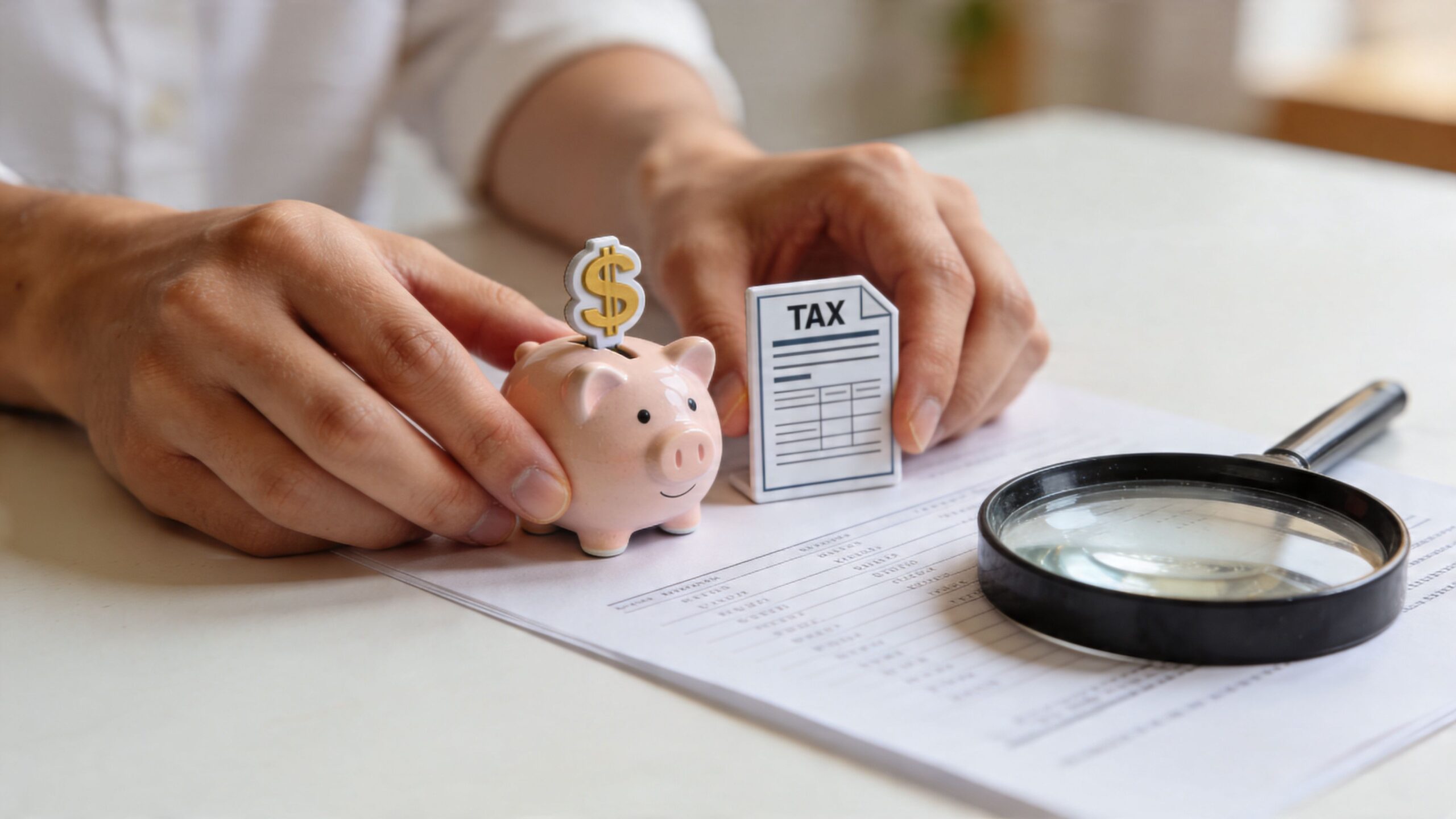 A person placing a small piggy bank and tax document model on a document with a magnifying glass.