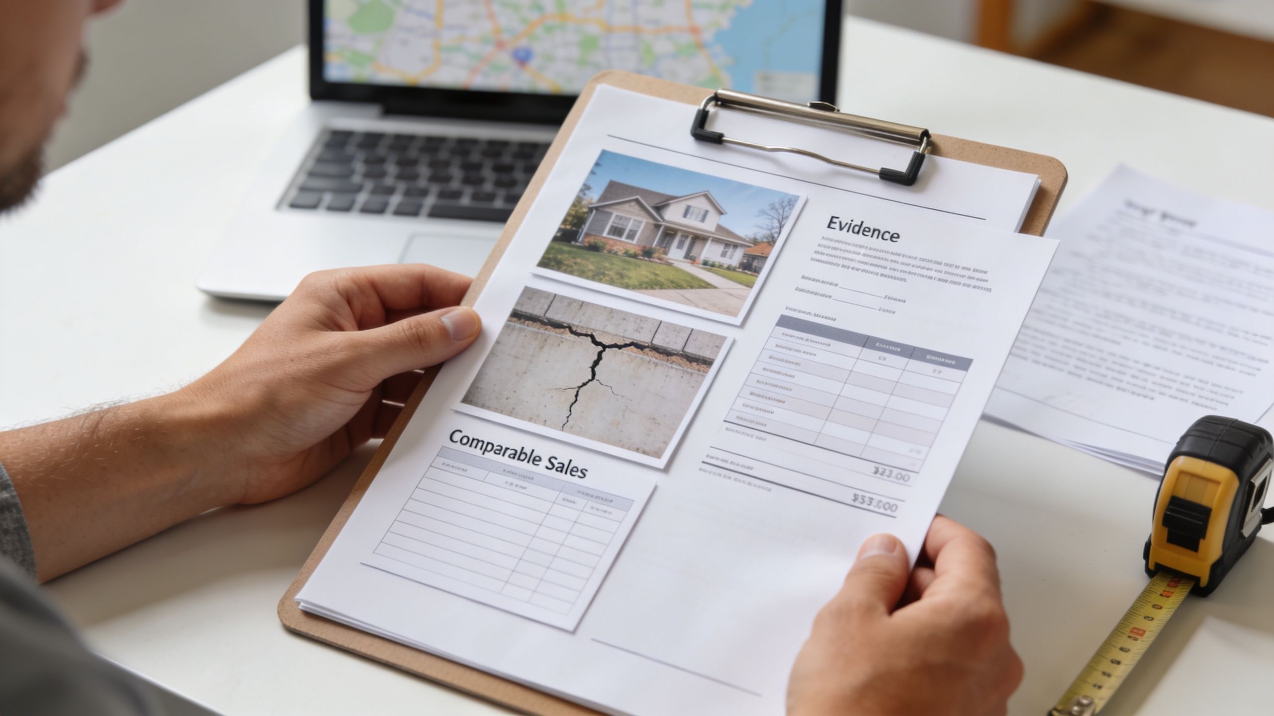 A property appraiser reviewing documentation of residential property damage and comparable sales data for a tax appeal.