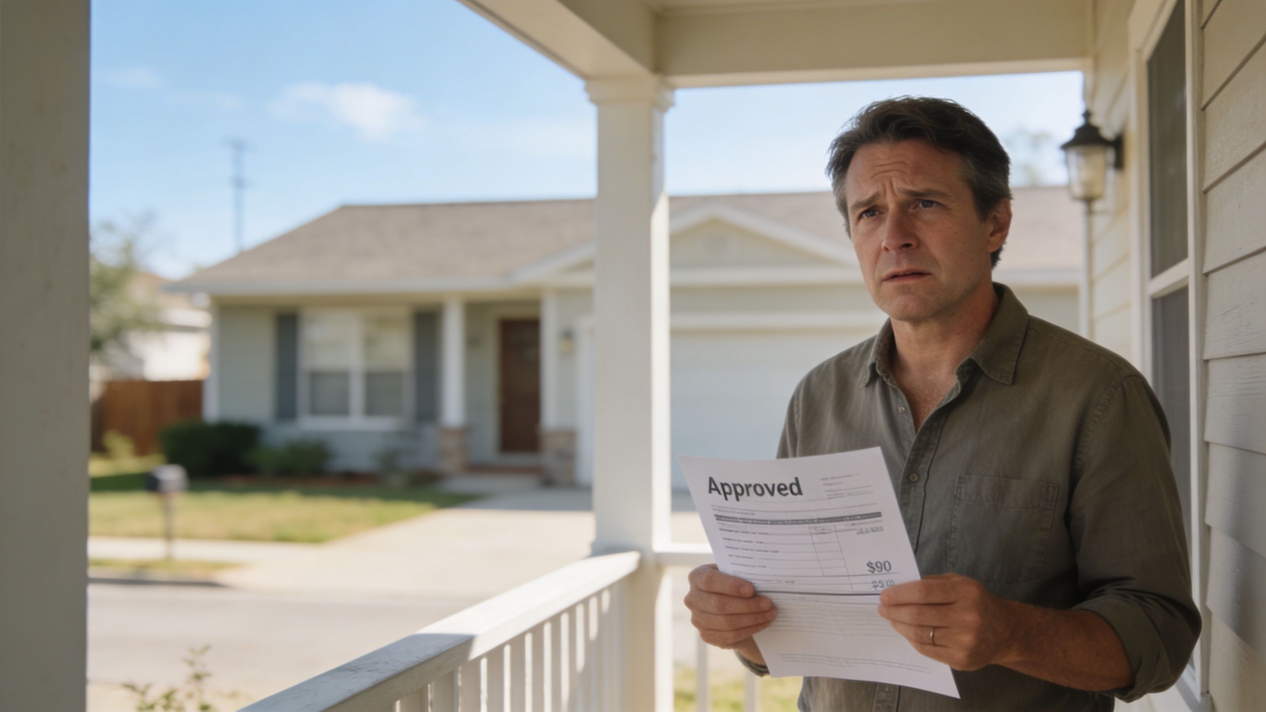 A concerned man stands on his front porch holding a residential property tax appeal document showing approval.