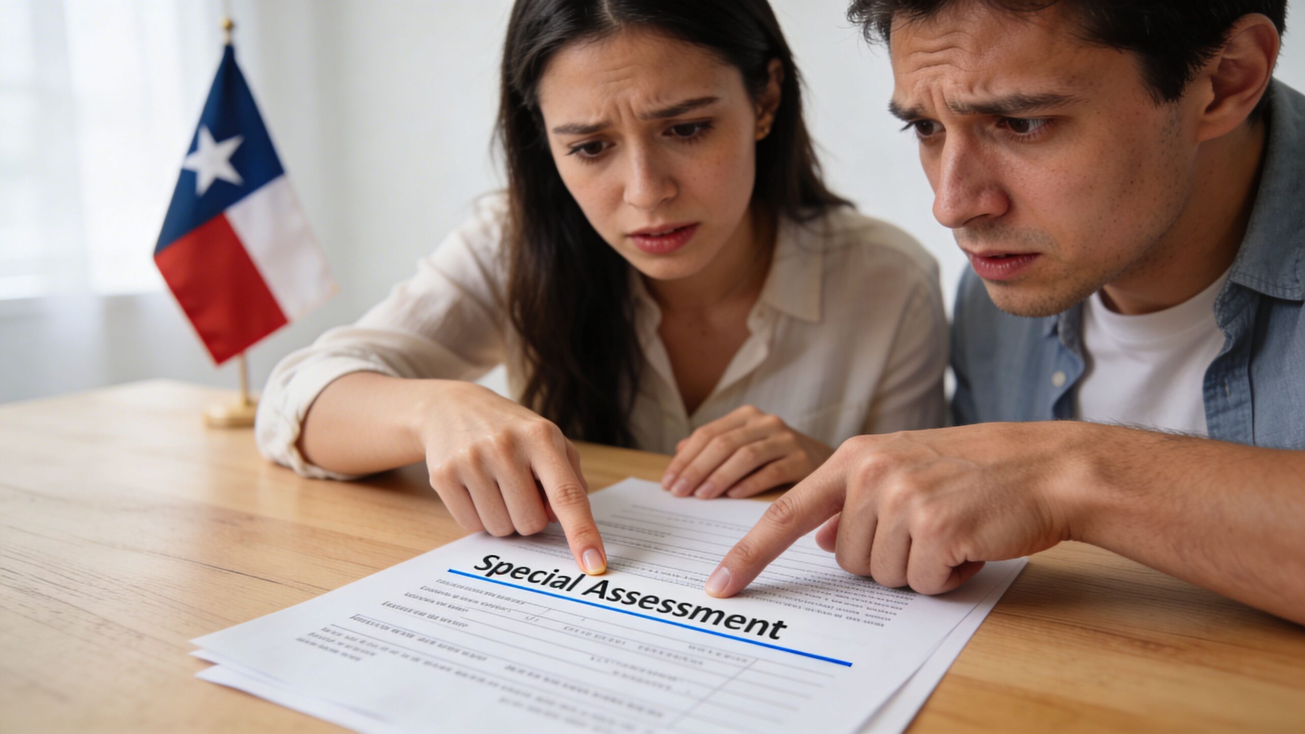 A concerned couple examines a document labeled Special Assessment while sitting at a table with a flag.
