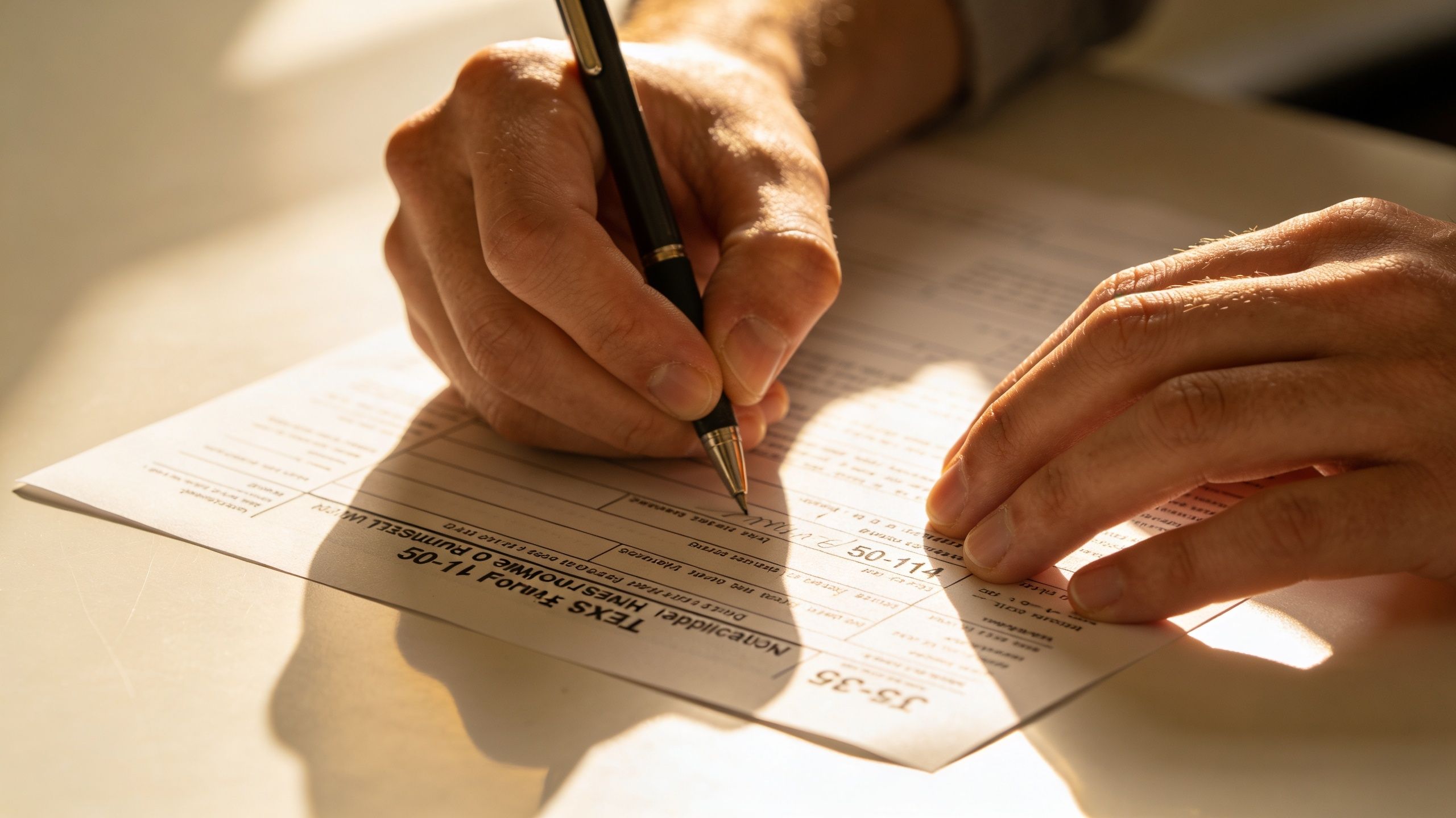 A close-up view of a person filling out a Texas homestead exemption application form with a pen.