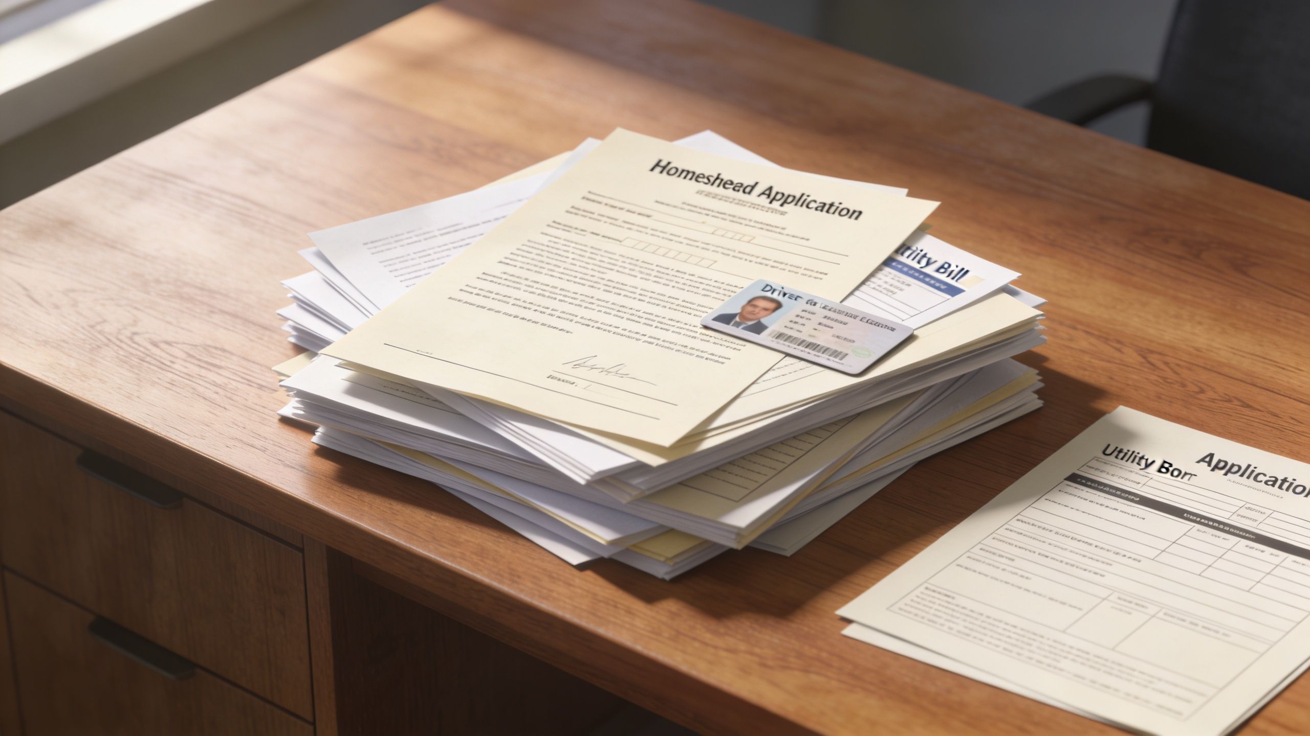 A stack of paperwork including a homestead exemption application and driver license on a wooden desk.