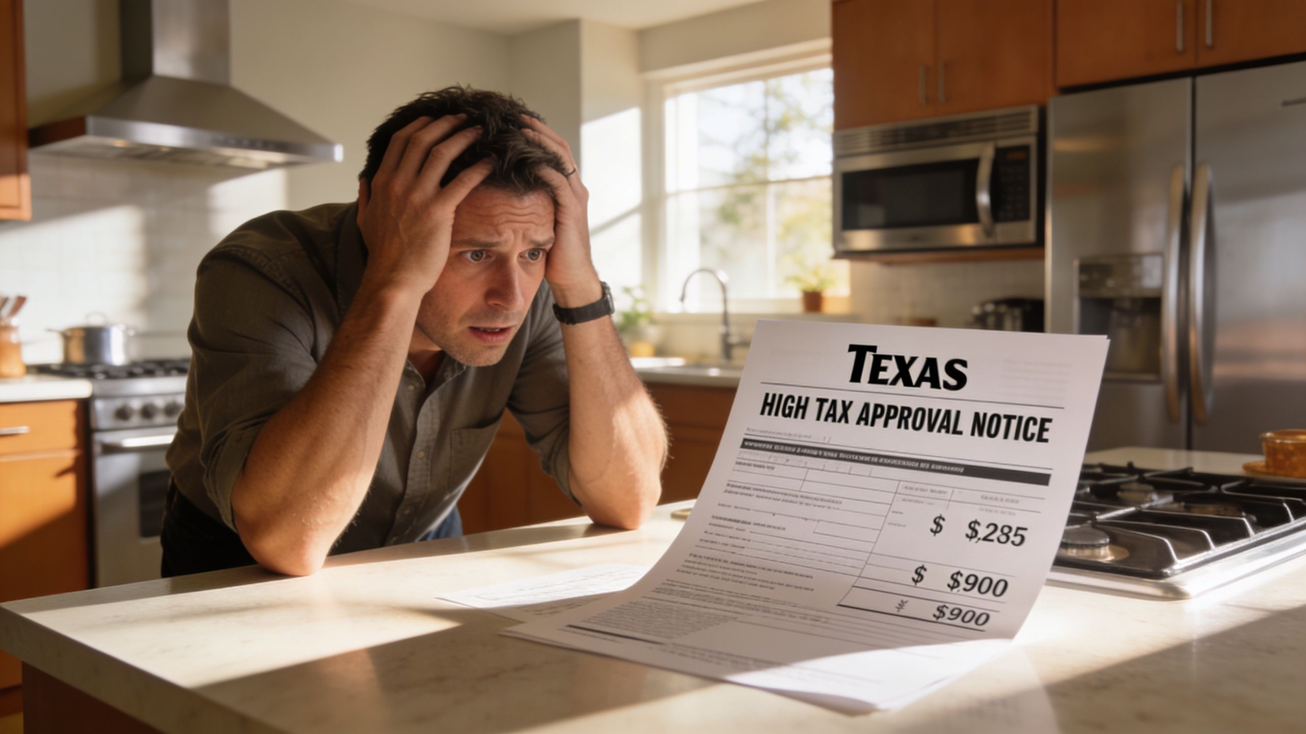 A stressed man looking at a Texas high tax approval notice document in his kitchen.