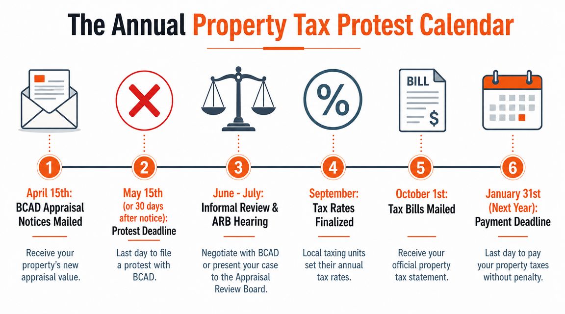 A timeline graphic showing the annual property tax protest calendar process from April to January.