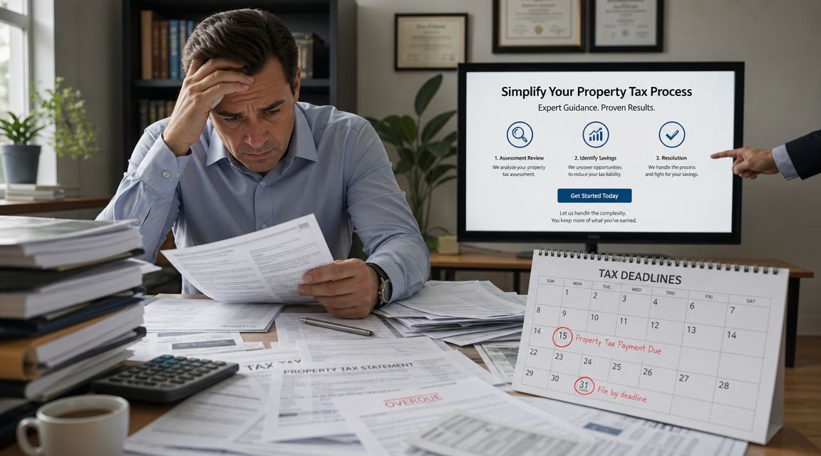 A stressed man reviews property tax documents at his cluttered desk while a calendar highlights upcoming tax deadlines.