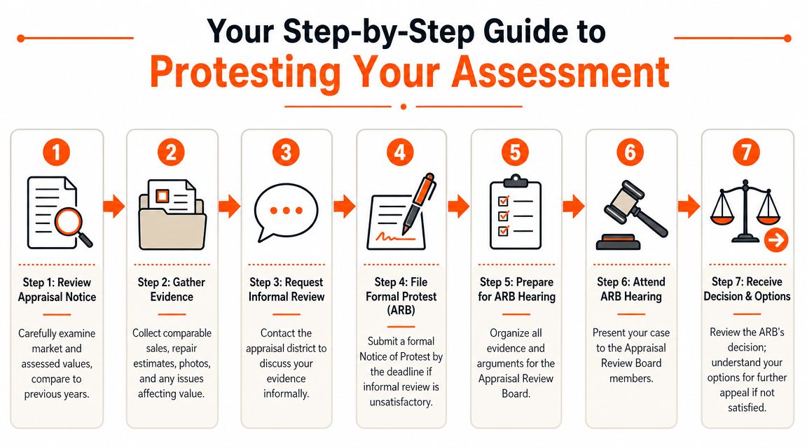 A seven-step guide illustration explaining the process of protesting a property tax assessment for homeowners.