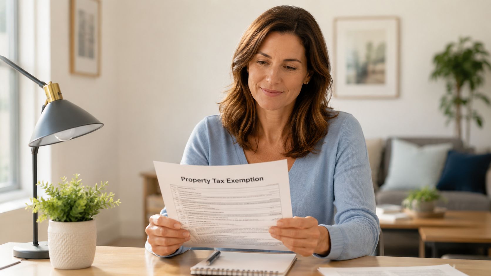 A smiling woman reading a property tax exemption form while sitting at her home office desk.