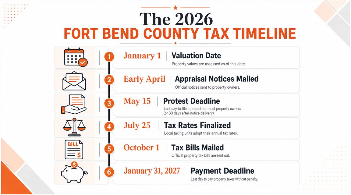 A timeline chart detailing key dates and events for the 2026 Fort Bend County tax process.