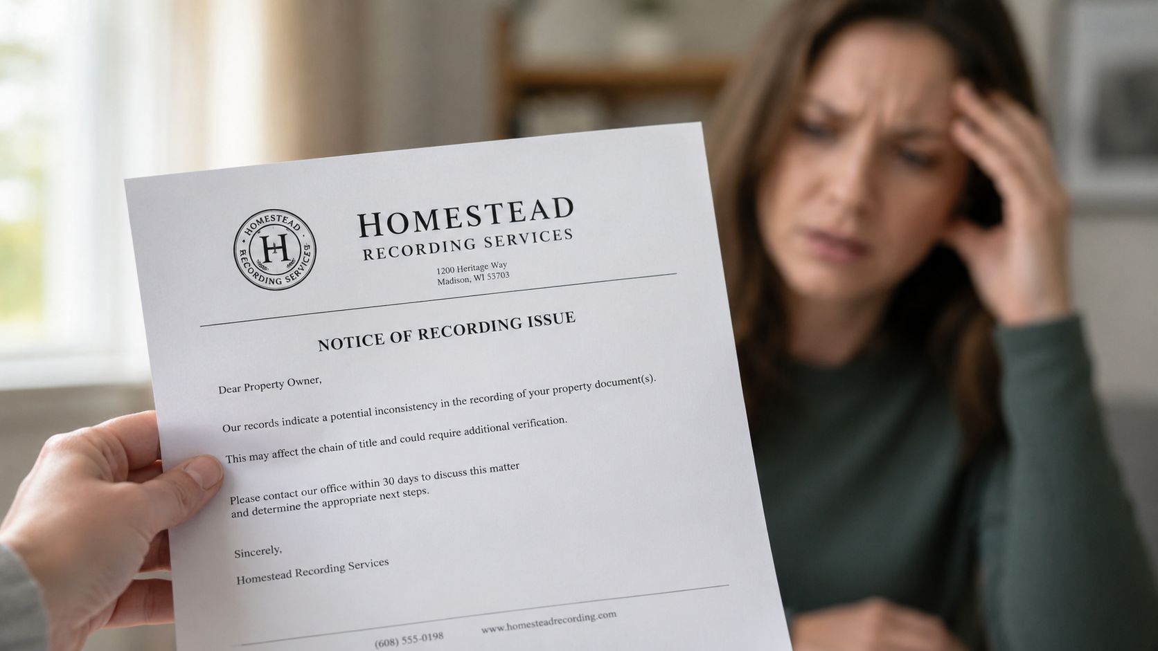 A worried woman looking at a notice of recording issue document held by another person.