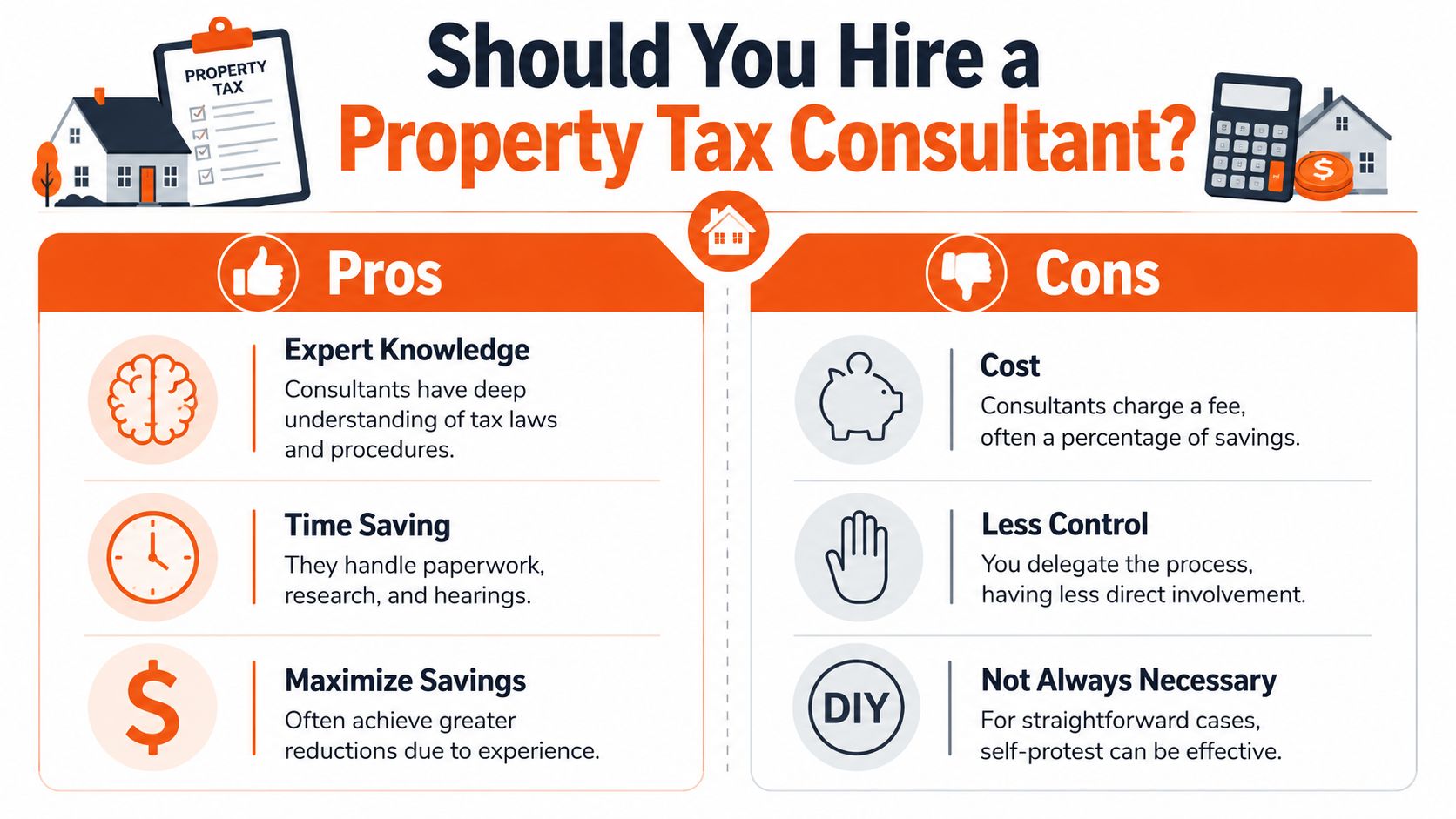 An infographic comparing the pros and cons of hiring a property tax consultant for homeowners.