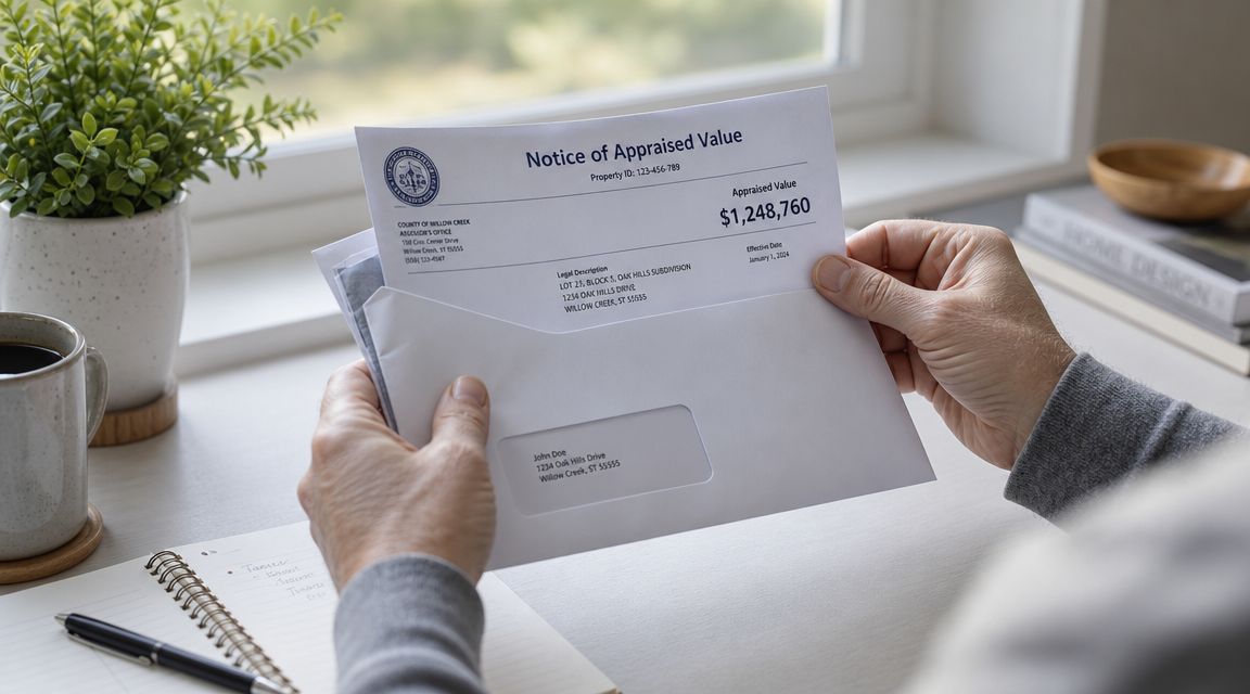 A person opening an envelope containing a Notice of Appraised Value for their property tax documentation.