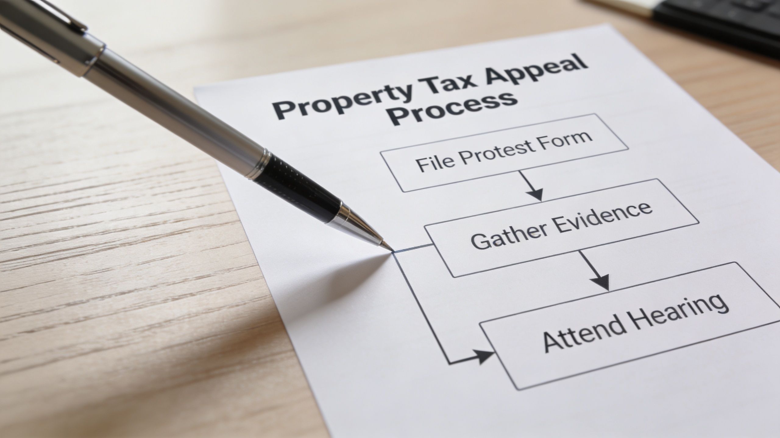 A professional pen points to a flow chart outlining the step-by-step property tax appeal process on paper.
