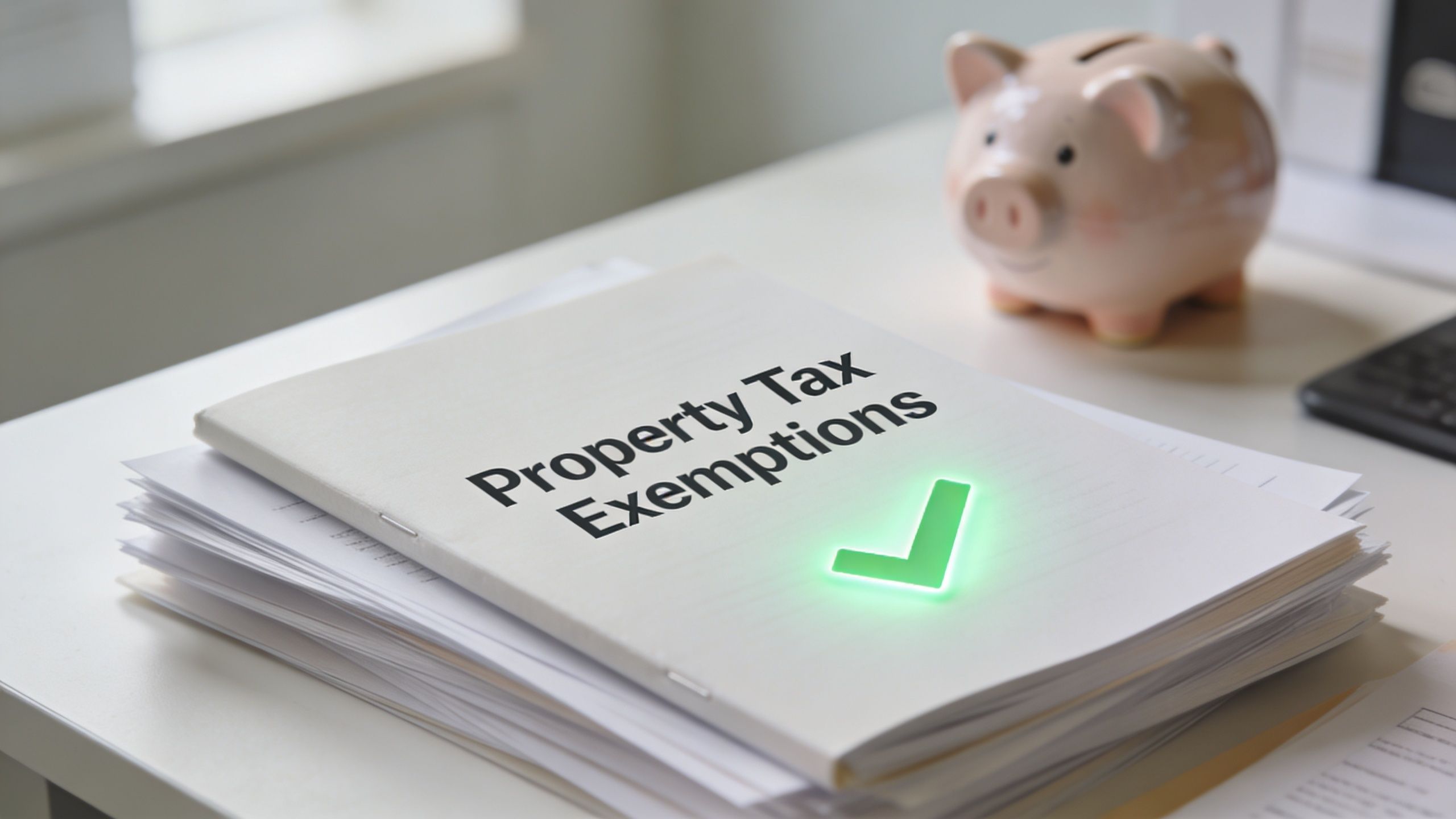 A document titled Property Tax Exemptions sits on a stack of papers with a piggy bank nearby.