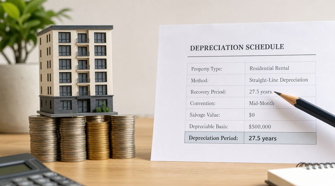 A miniature apartment building model on stacks of coins next to a depreciation schedule document.