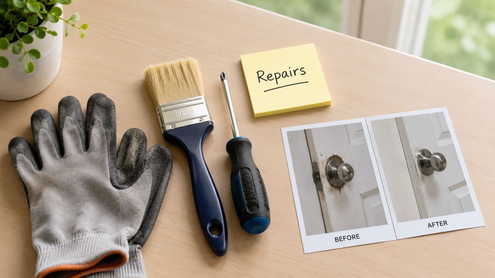 Work gloves, a paintbrush, and a screwdriver next to photos showing a door repair before and after.