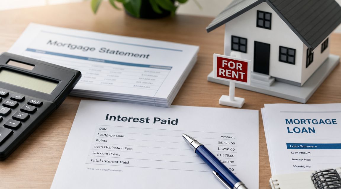 A close-up view of mortgage documents, a calculator, a house model, and a pen on a desk.