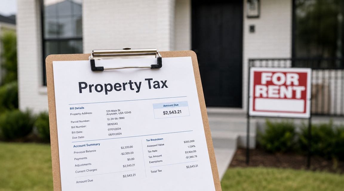 A clipboard showing a property tax bill for a house with a for rent sign in the background.