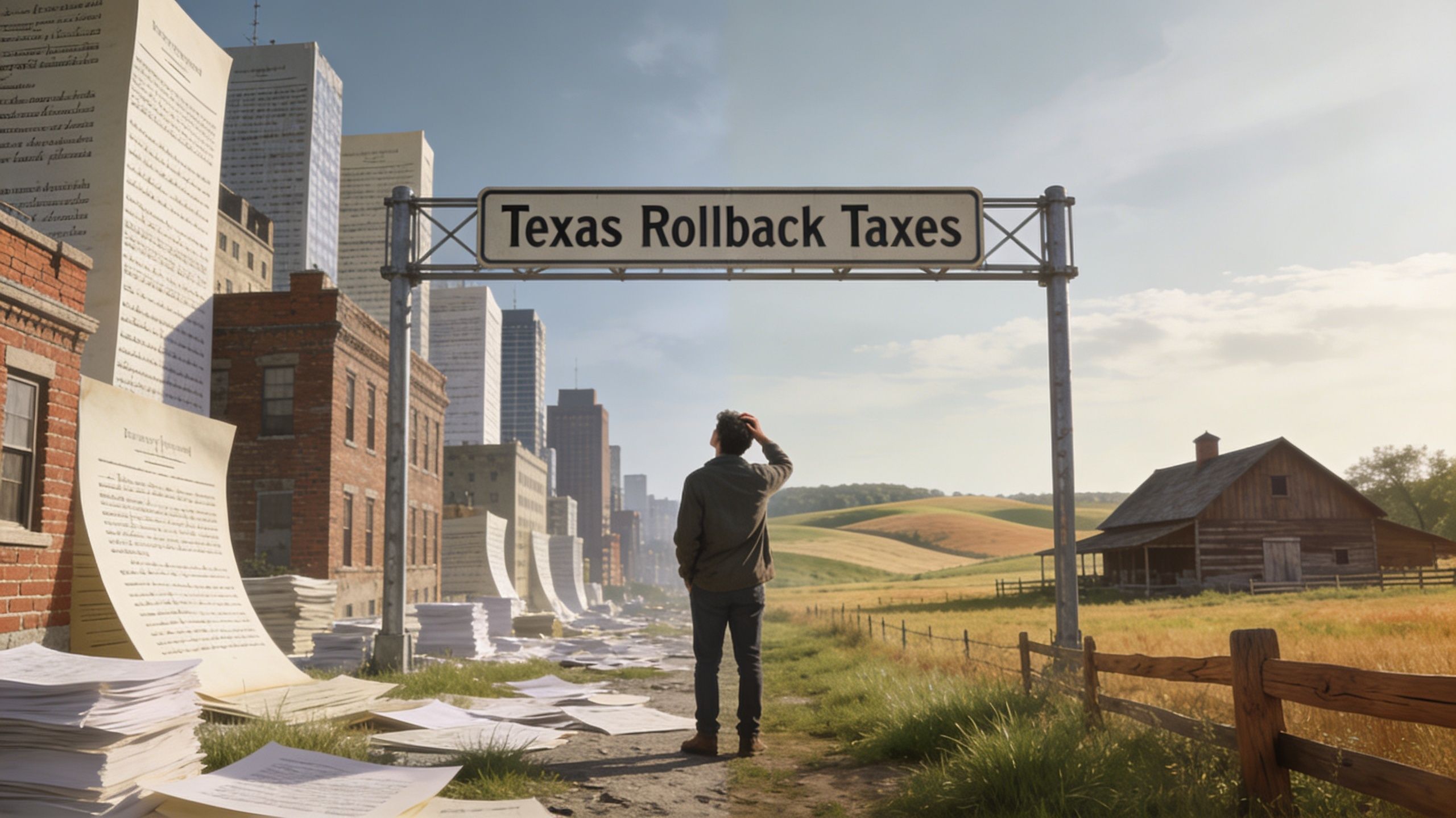 A person stands at a crossroads between a city of paperwork and a tranquil rural landscape.
